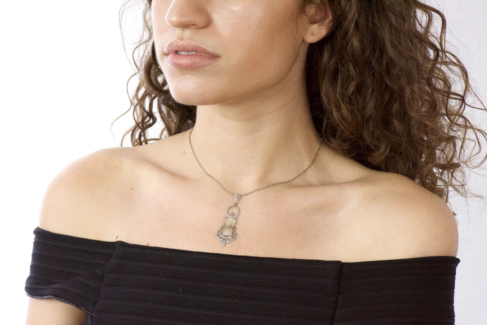 Art Deco Camphor Glass Diamond And 14 Karat White Gold Pendant Necklace - Image 6