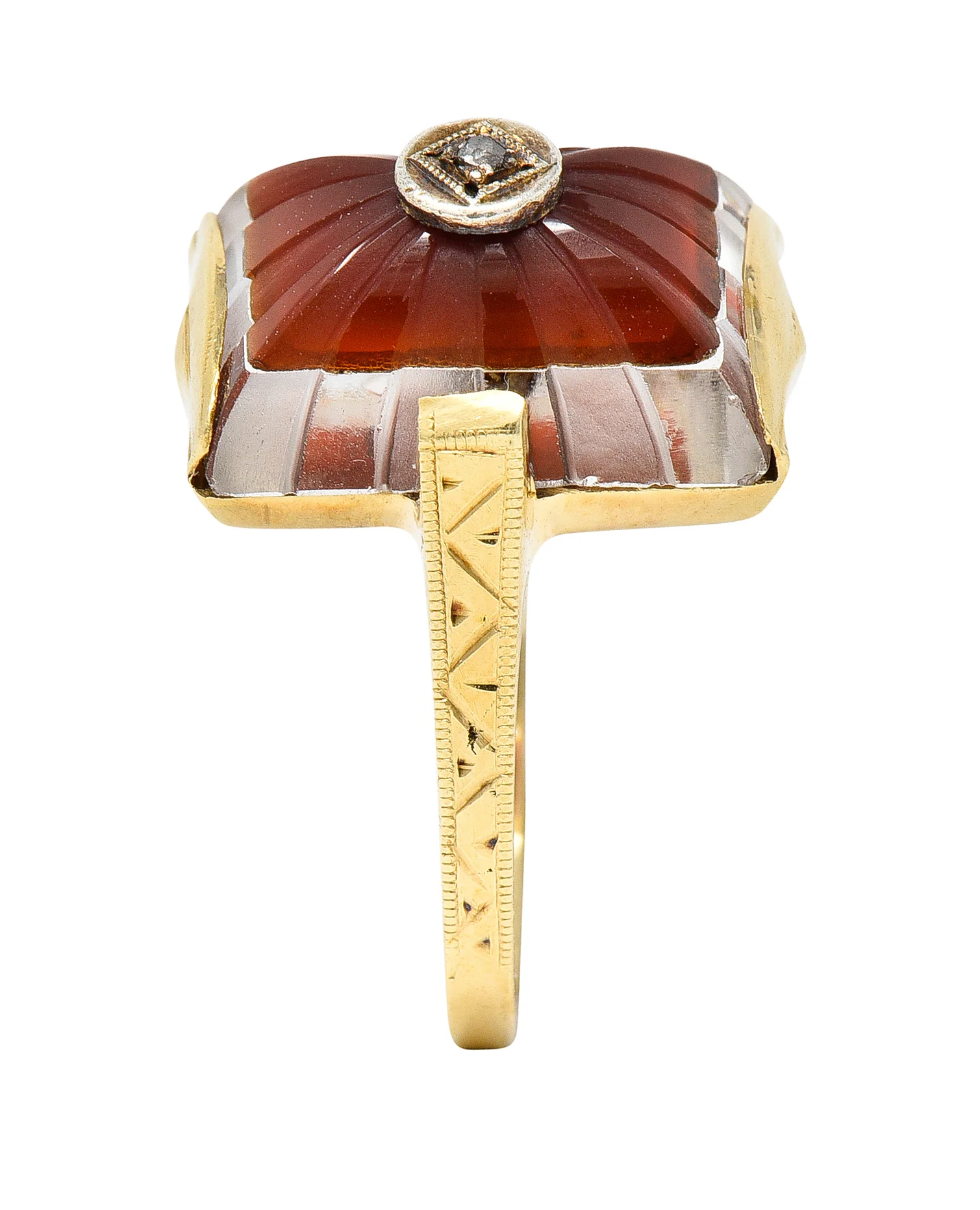 Art Deco Carved Carnelian Quartz Crystal Diamond 14 Karat Yellow Gold Vintage Gemstone Ring - Image 10
