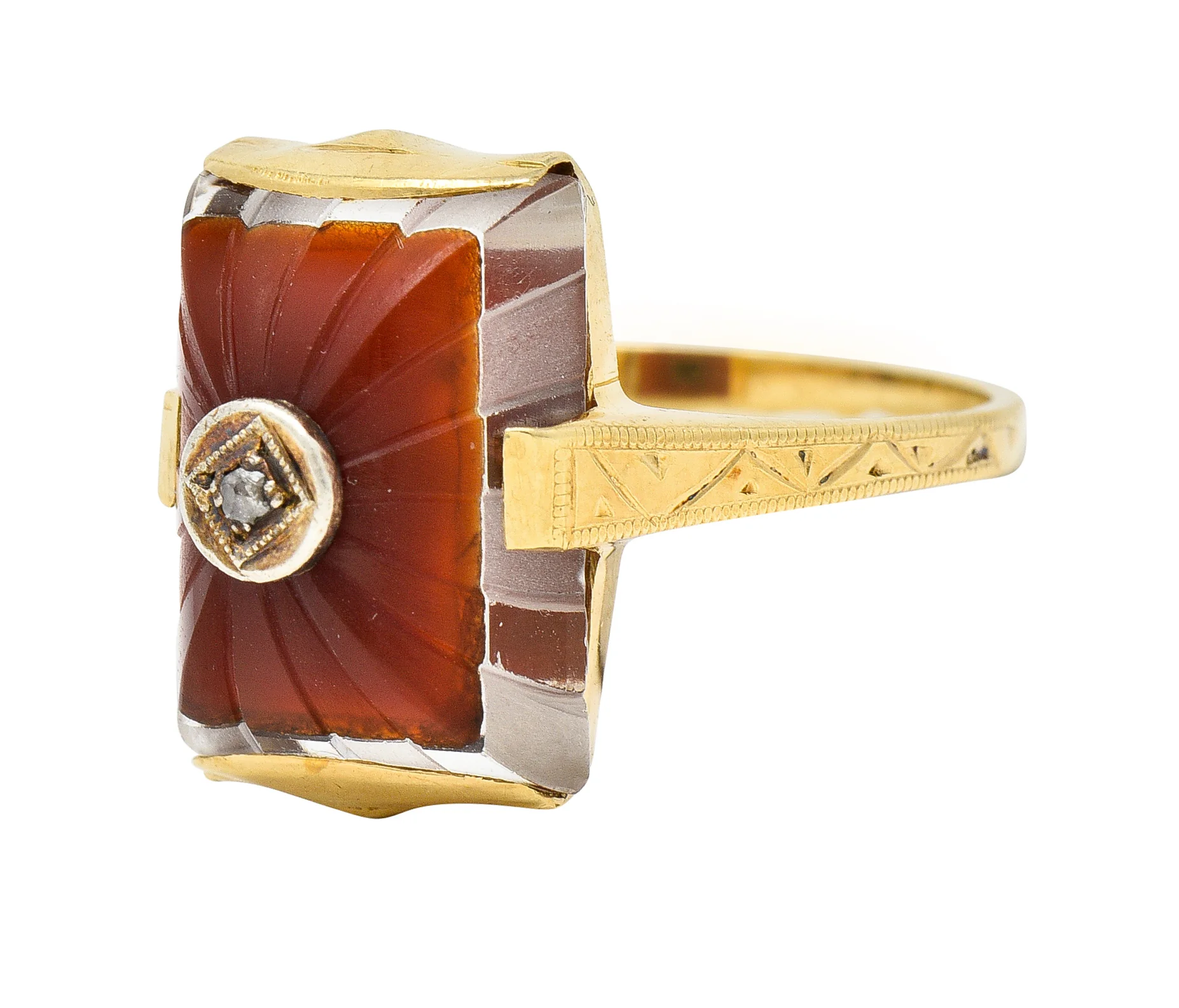 Art Deco Carved Carnelian Quartz Crystal Diamond 14 Karat Yellow Gold Vintage Gemstone Ring - Image 6