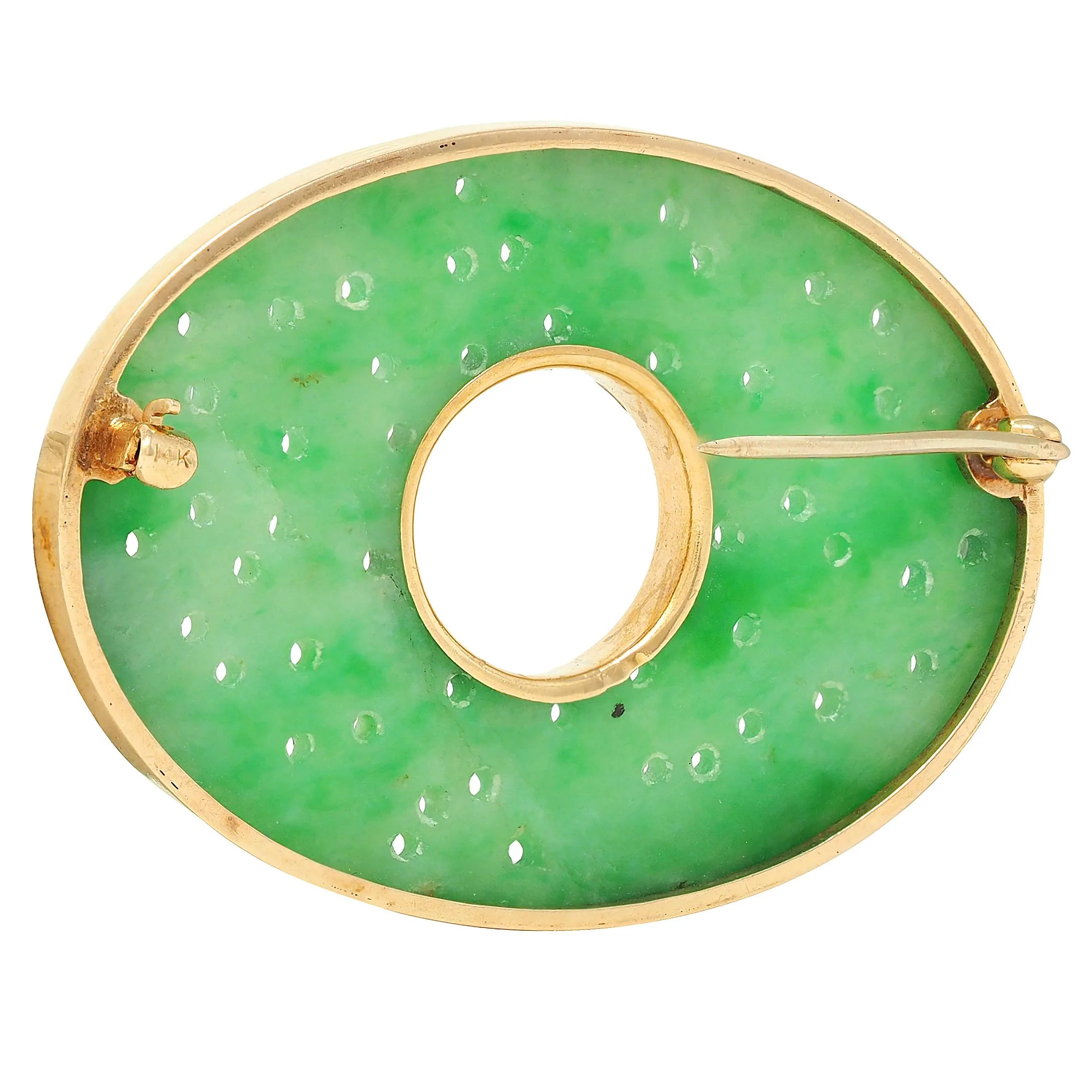 Art Deco Carved Jade 14 Karat Yellow Gold Antique Floral Brooch - Image 6