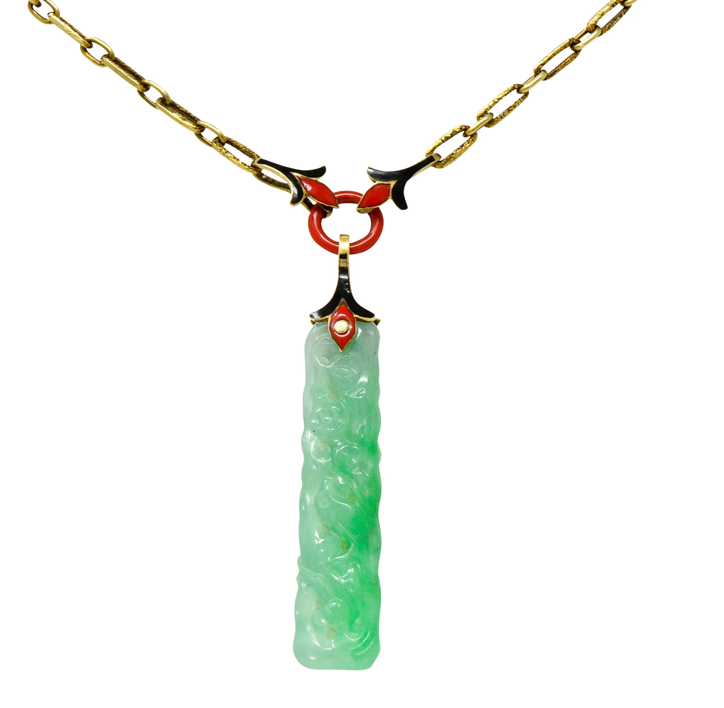Art Deco Carved Jade Enamel 14 Karat Gold Drop Pendant Necklace - Image 3
