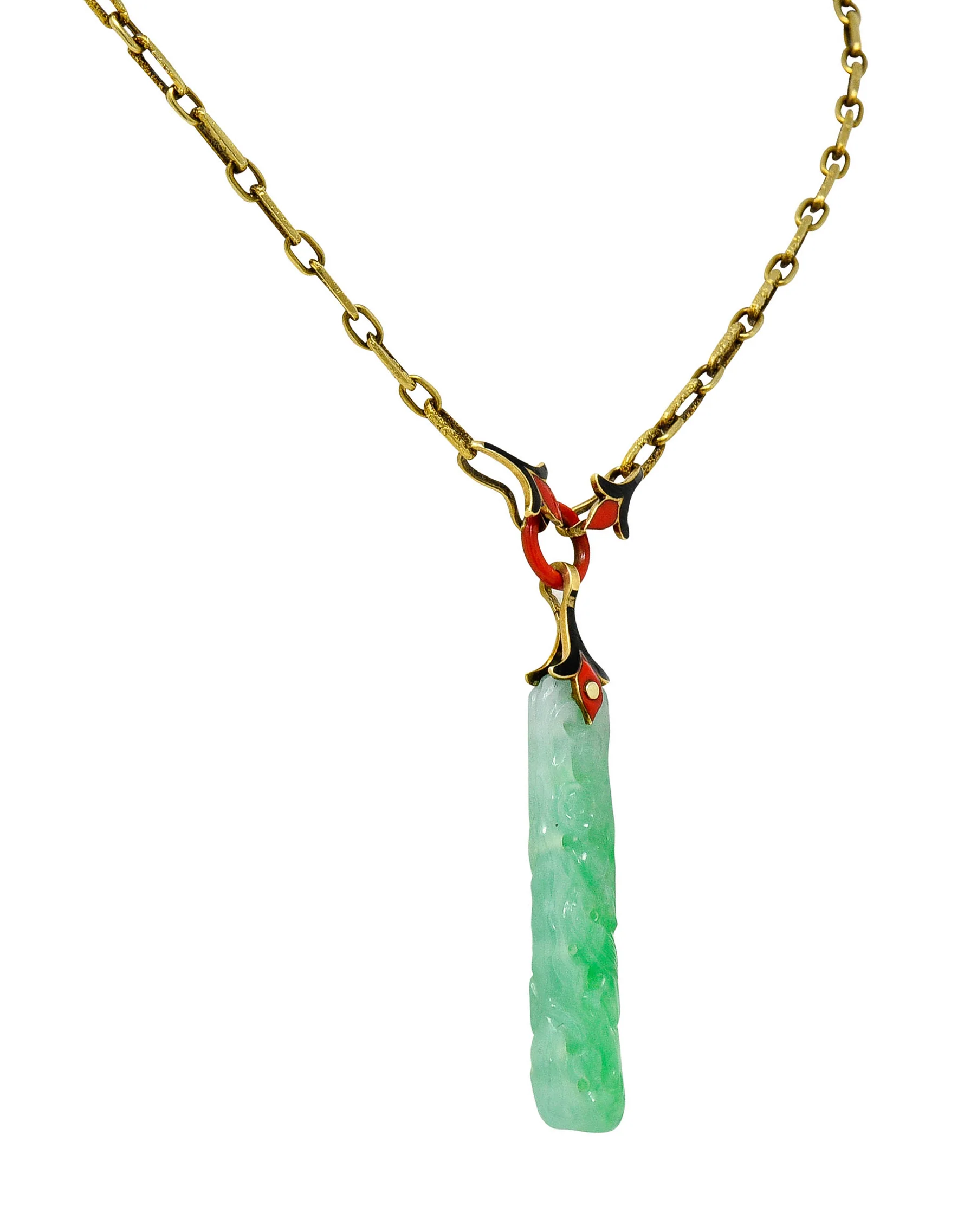 Art Deco Carved Jade Enamel 14 Karat Gold Drop Pendant Necklace - Image 4