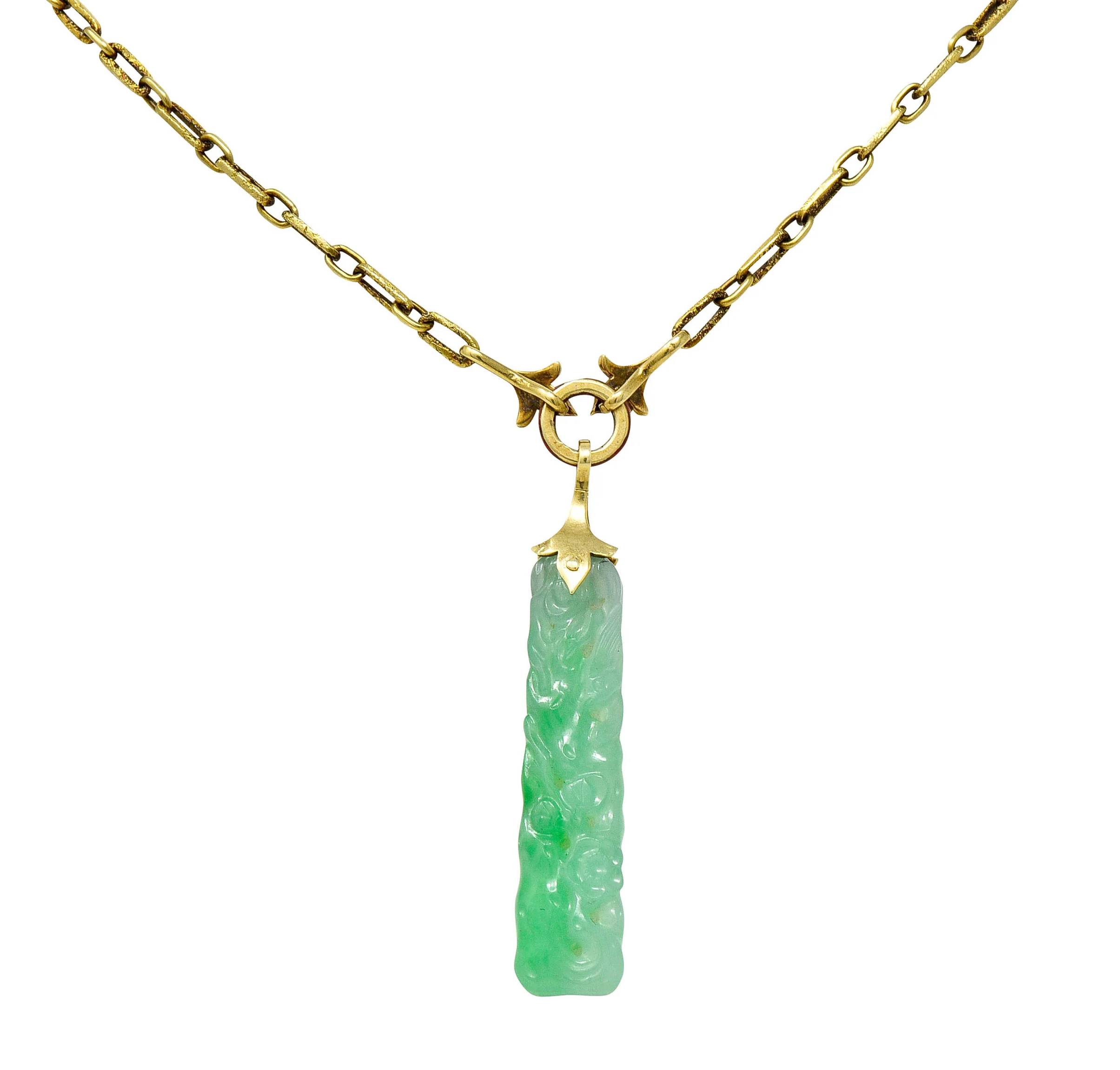 Art Deco Carved Jade Enamel 14 Karat Gold Drop Pendant Necklace - Image 5