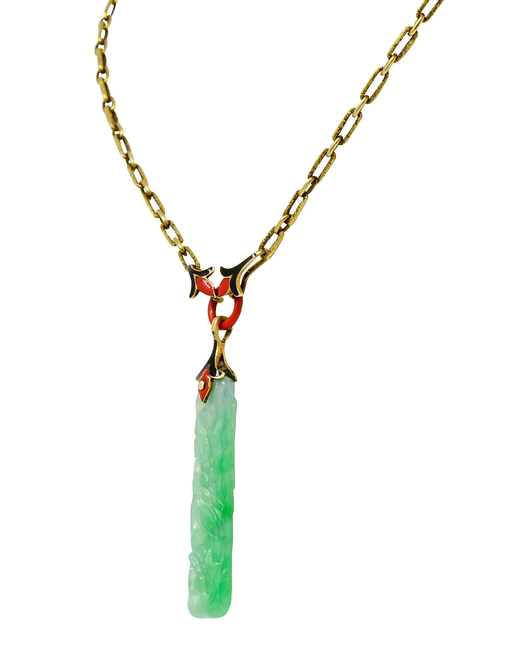 Art Deco Carved Jade Enamel 14 Karat Gold Drop Pendant Necklace - Image 7
