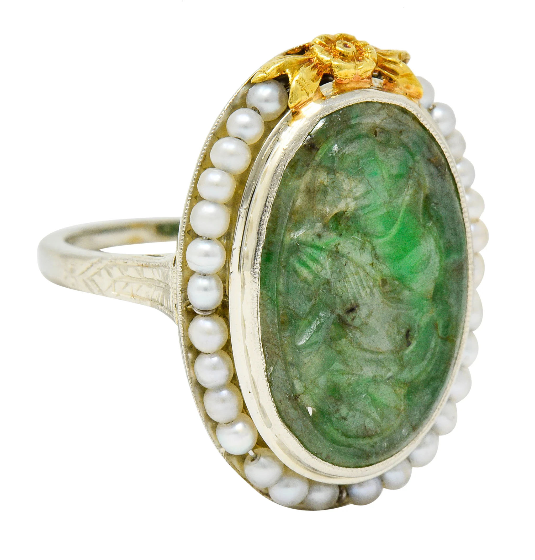 Art Deco Carved Jade Pearl 18 Karat Two-Tone Gold Cluster Ring - Image 2