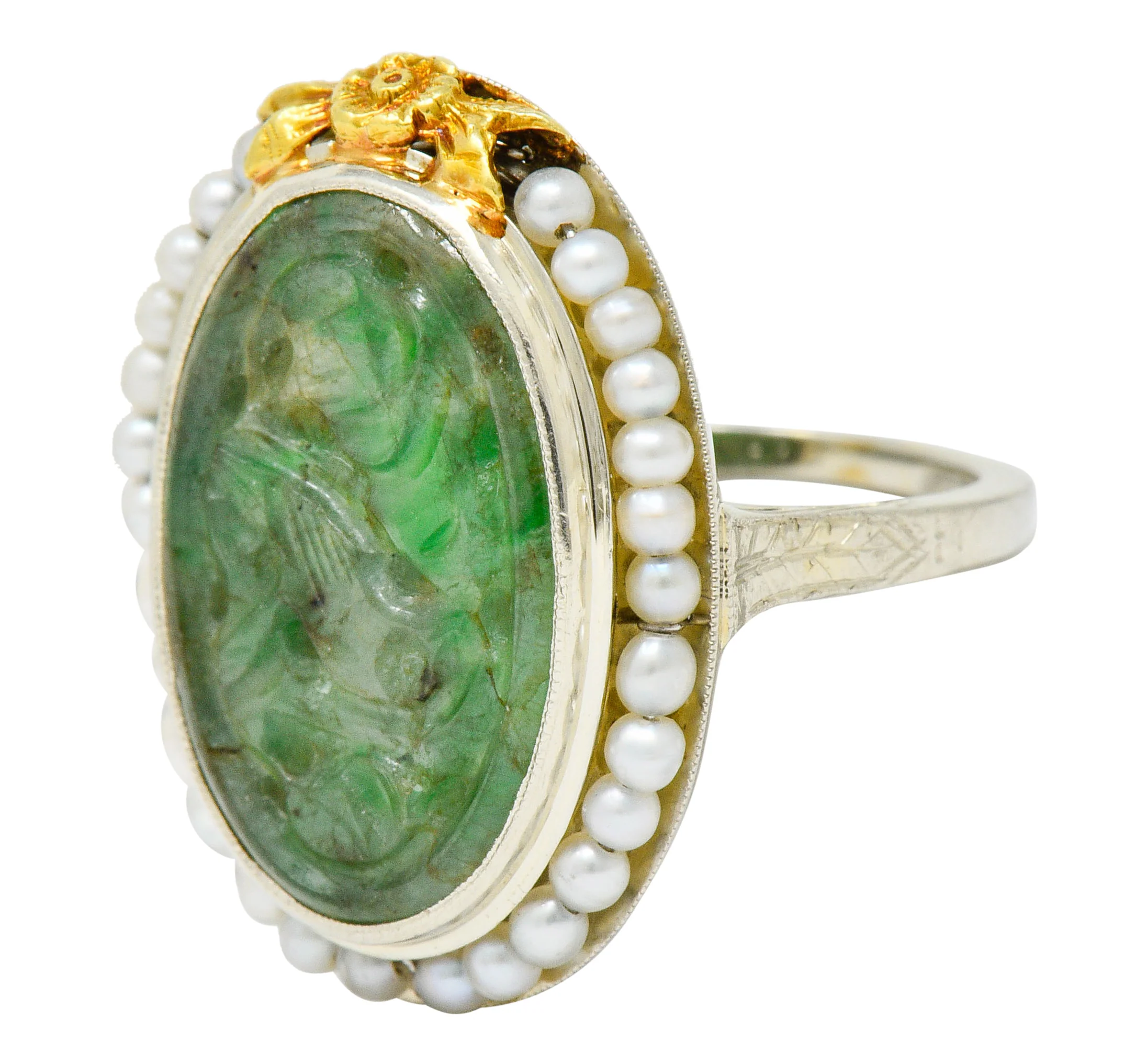 Art Deco Carved Jade Pearl 18 Karat Two-Tone Gold Cluster Ring - Image 6