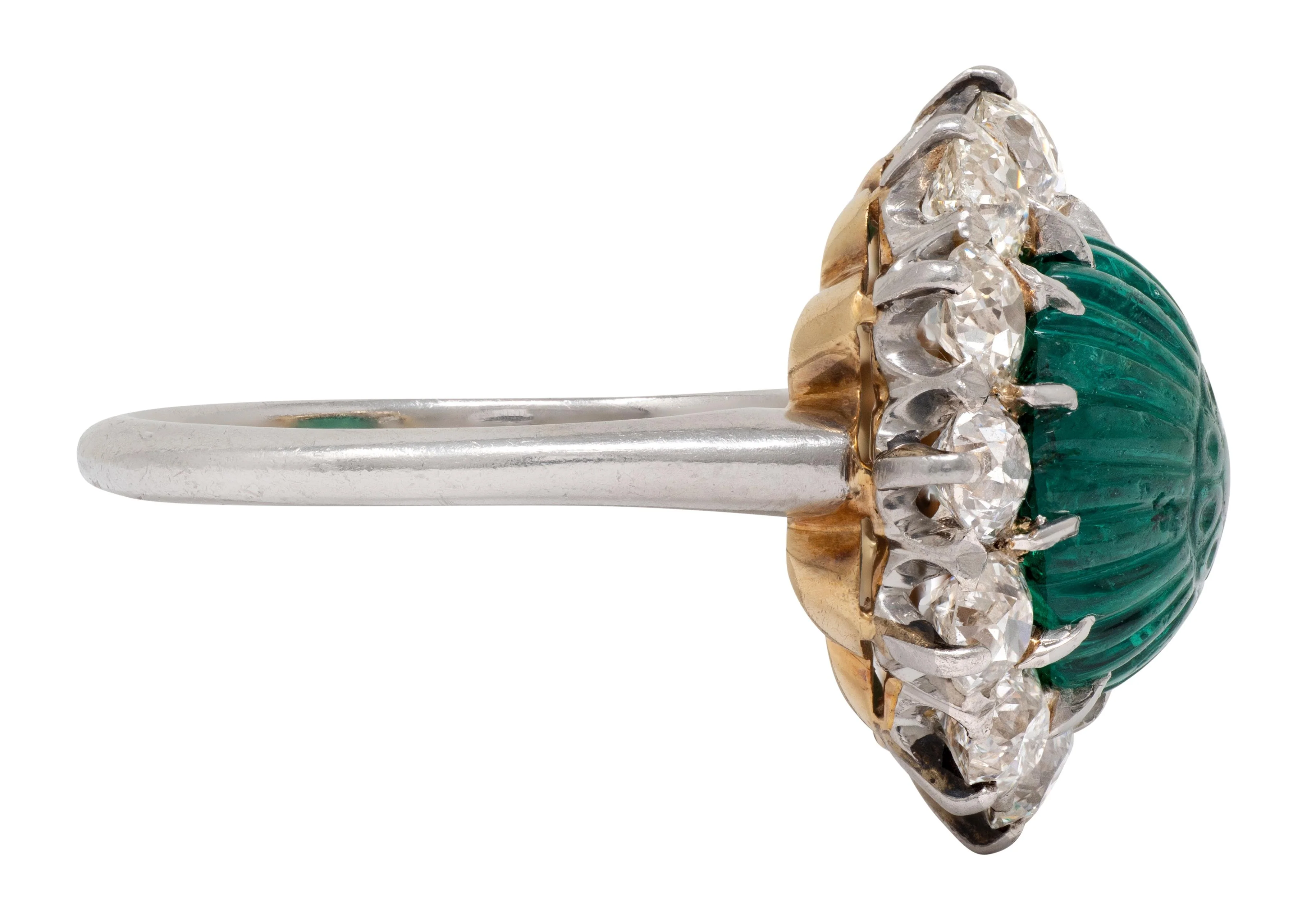Art Deco Carved Mogul Emerald Diamond Platinum 18 Karat Yellow Antique Gold Halo Ring - Image 3