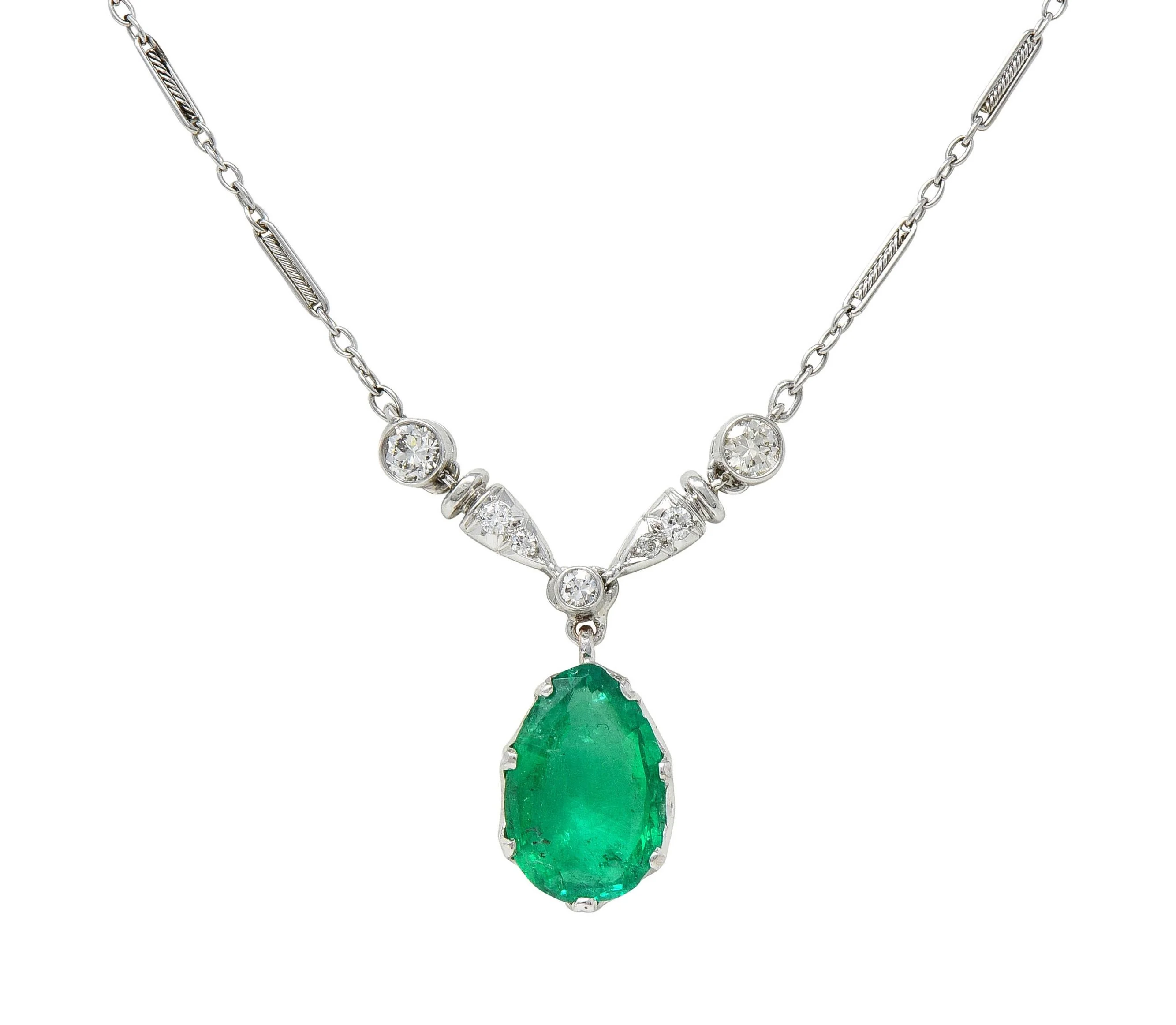 Art Deco Colombian Emerald Diamond Platinum 18 Karat Gold Vintage Drop Necklace AGL