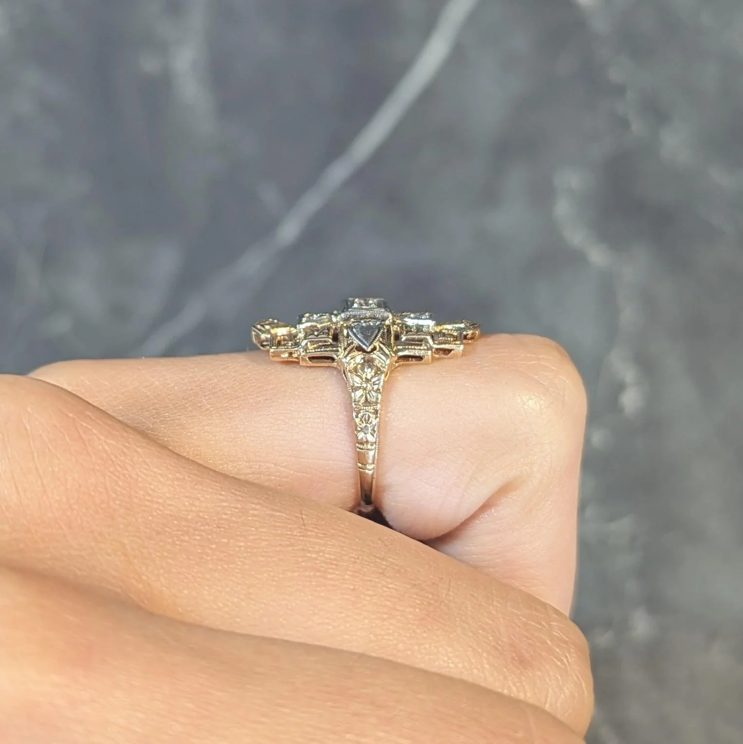 Art Deco Diamond 14 Karat Two-Tone Gold Streamline Heart Navette Dinner Ring - Image 15