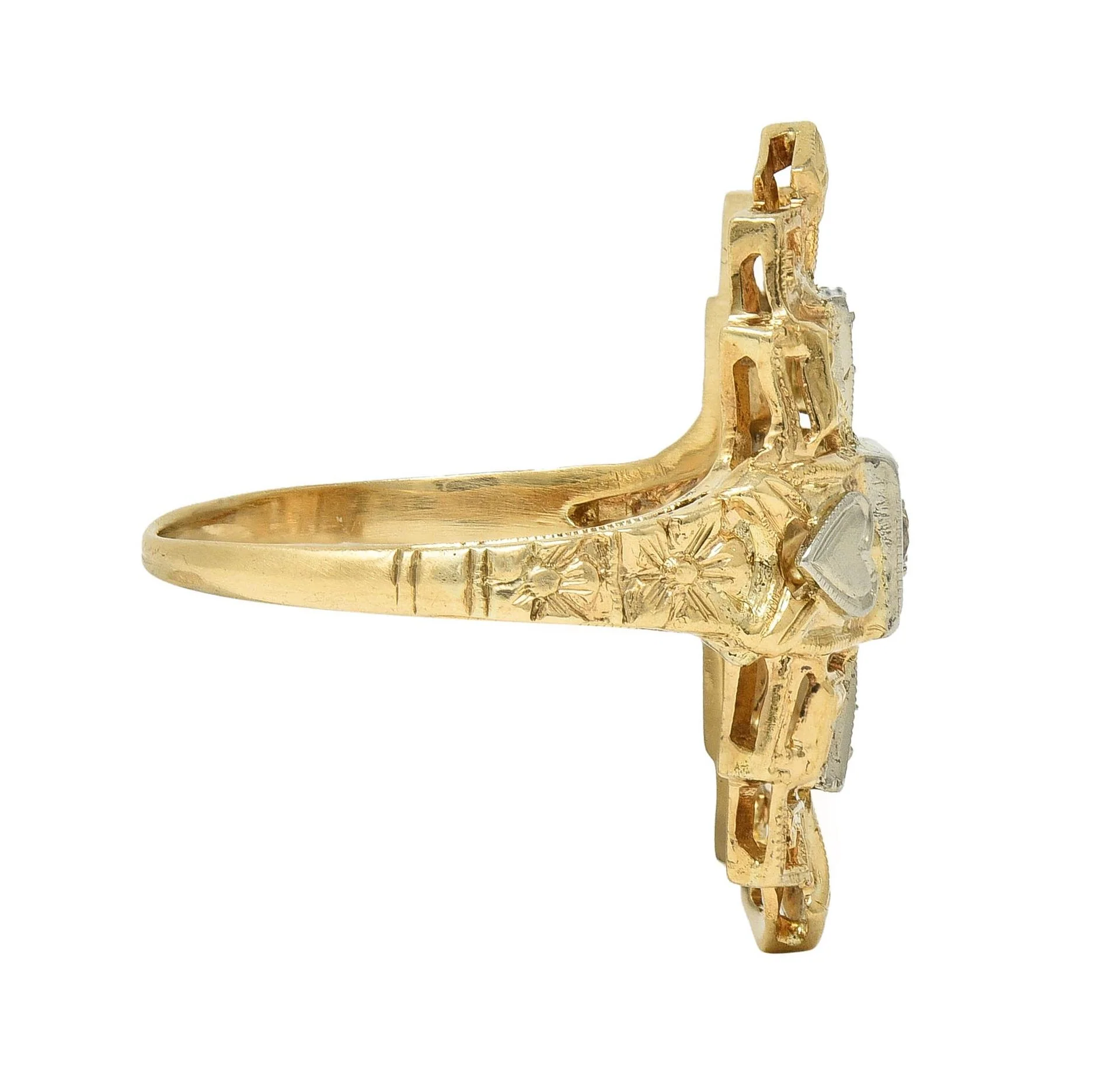 Art Deco Diamond 14 Karat Two-Tone Gold Streamline Heart Navette Dinner Ring - Image 3
