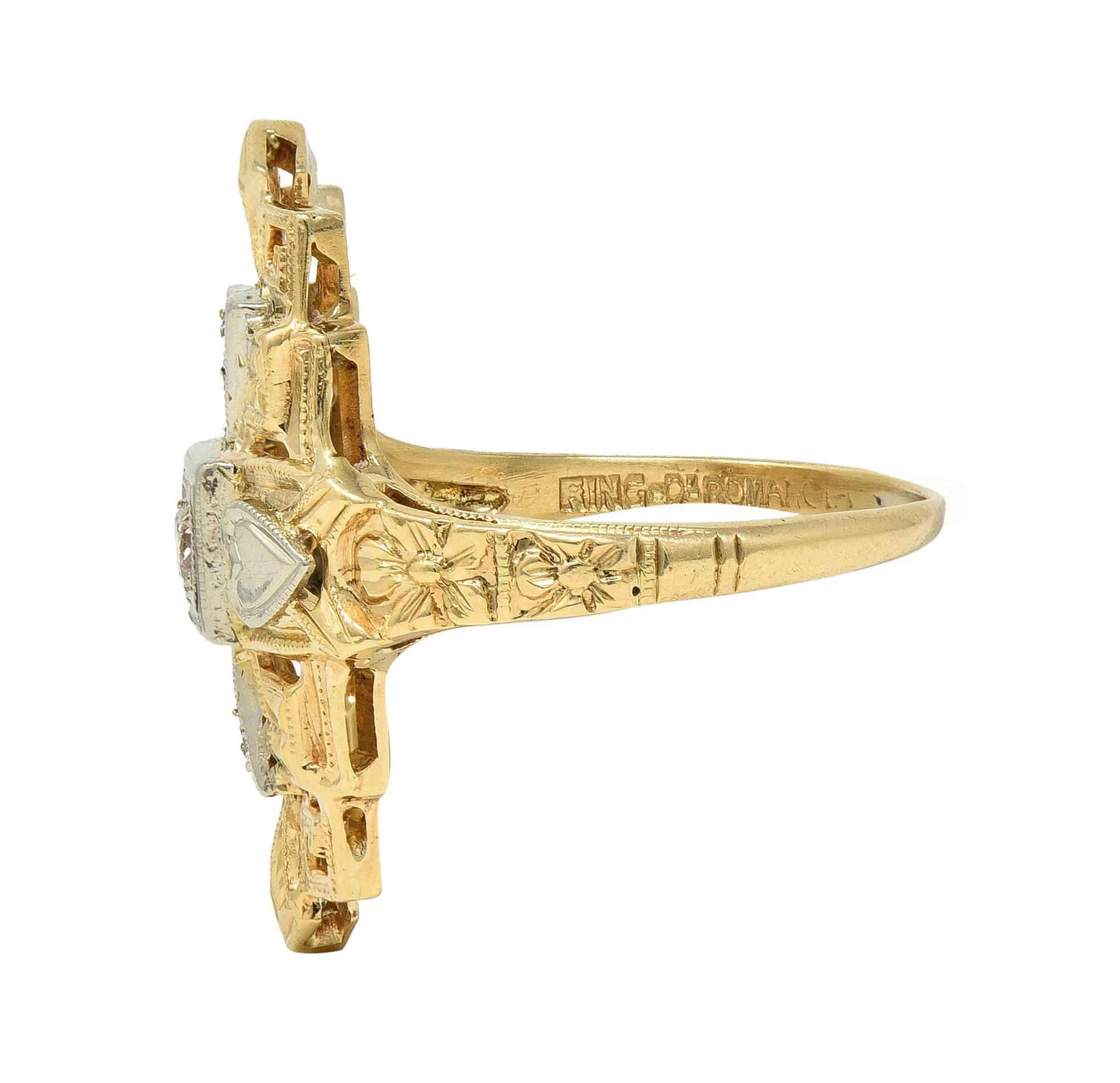 Art Deco Diamond 14 Karat Two-Tone Gold Streamline Heart Navette Dinner Ring - Image 5