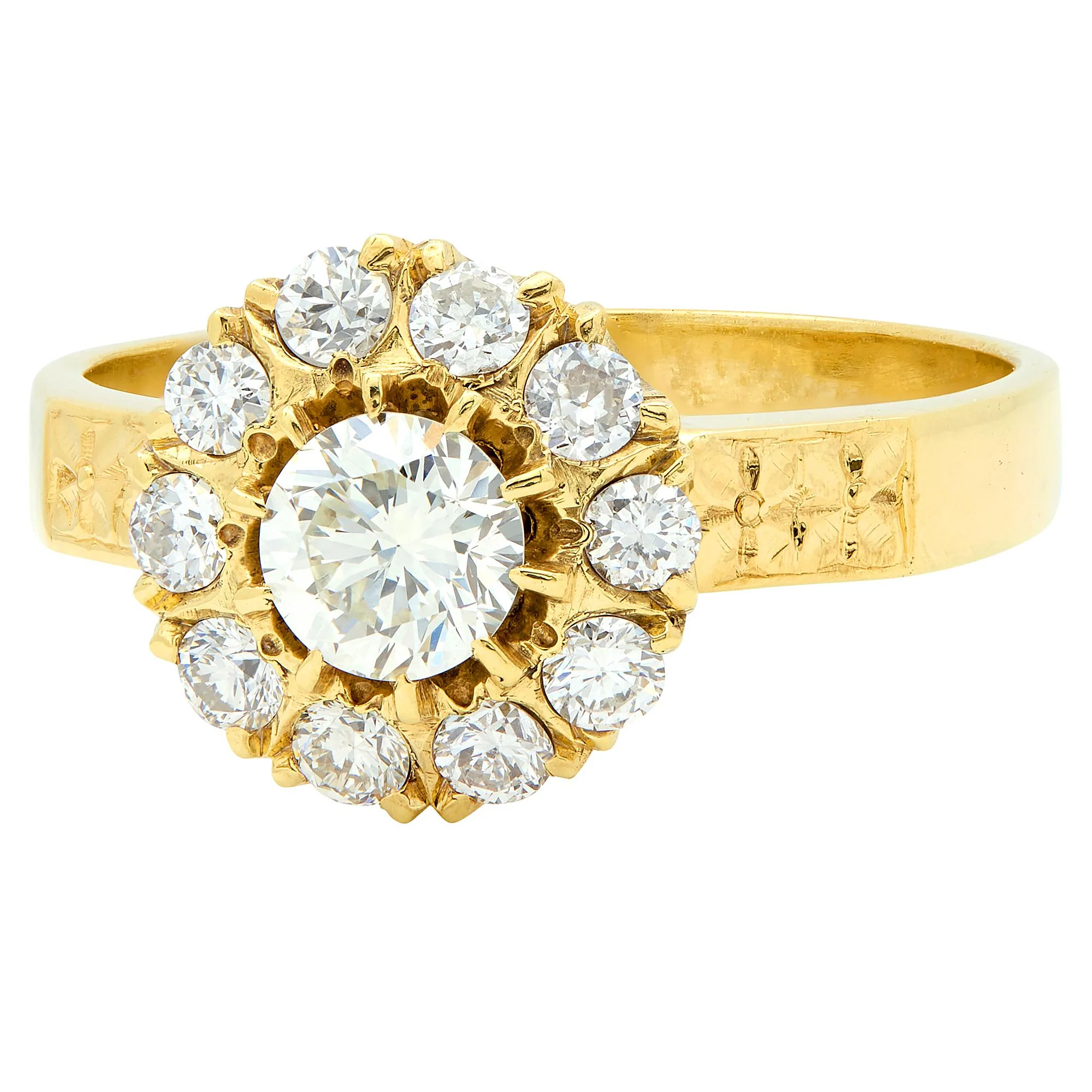 Art Deco Diamond 14 Karat Yellow Gold Floral Cluster Vintage Engagement Ring - Image 7