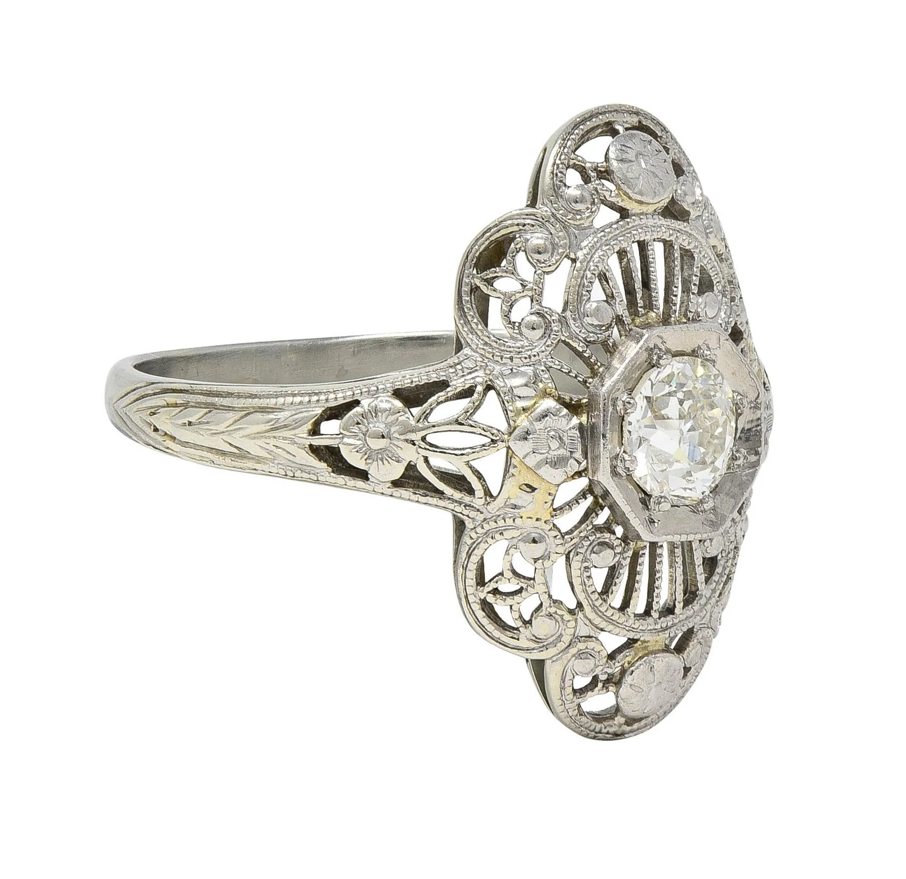 Art Deco Diamond 18 Karat White Gold Vintage Scrolling Orange Blossom Dinner Ring - Image 2