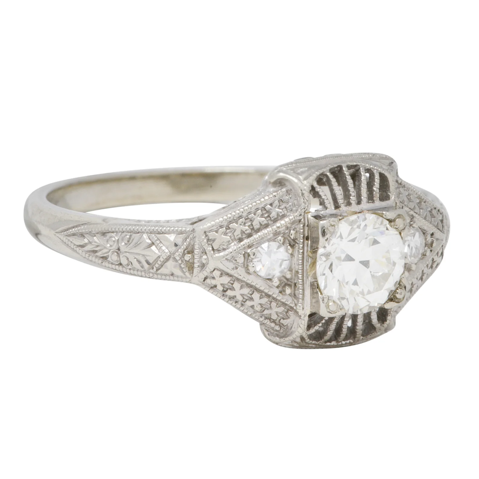 Art Deco Diamond 19 Karat White Gold Orange Blossom Vintage Engagement Ring - Image 3