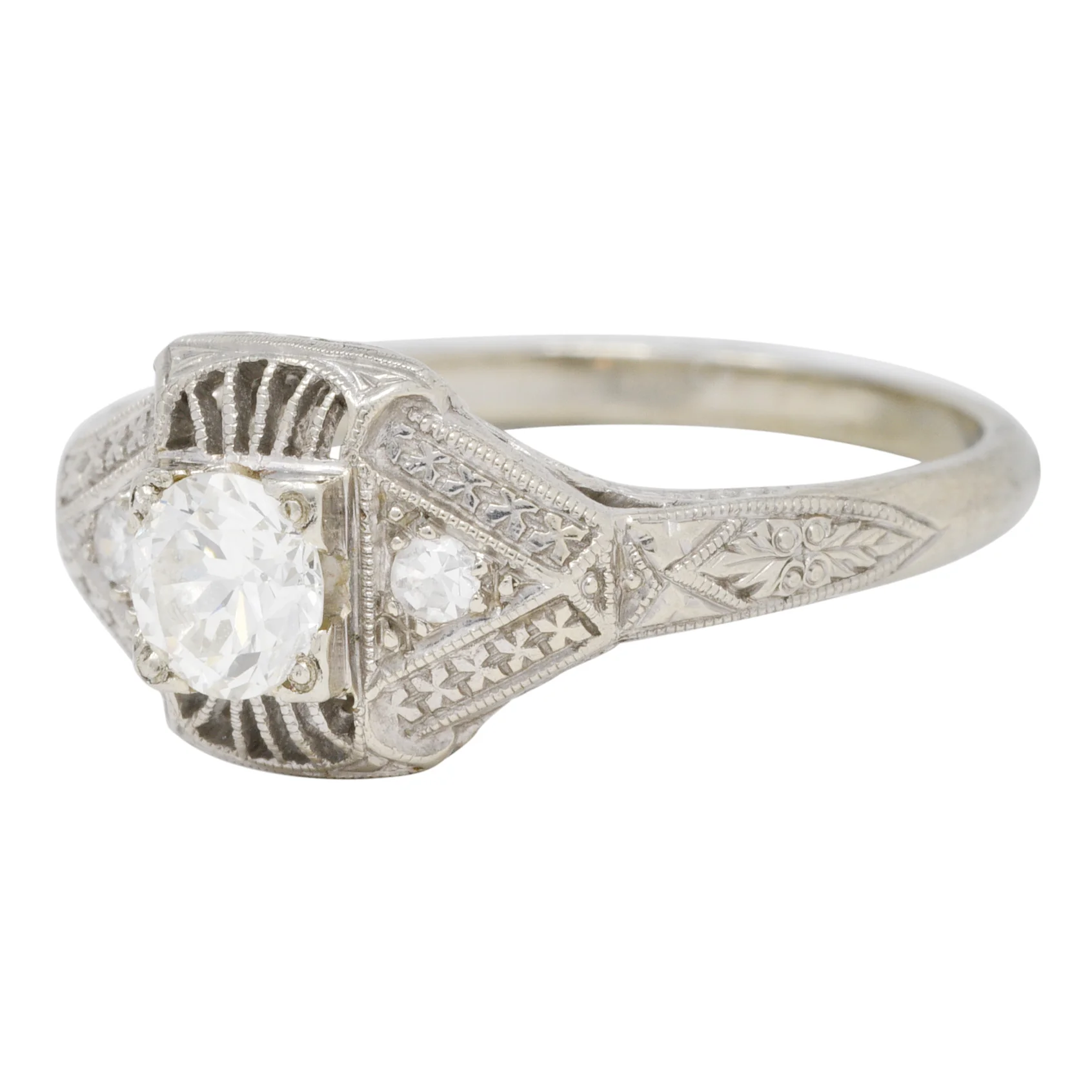 Art Deco Diamond 19 Karat White Gold Orange Blossom Vintage Engagement Ring - Image 7