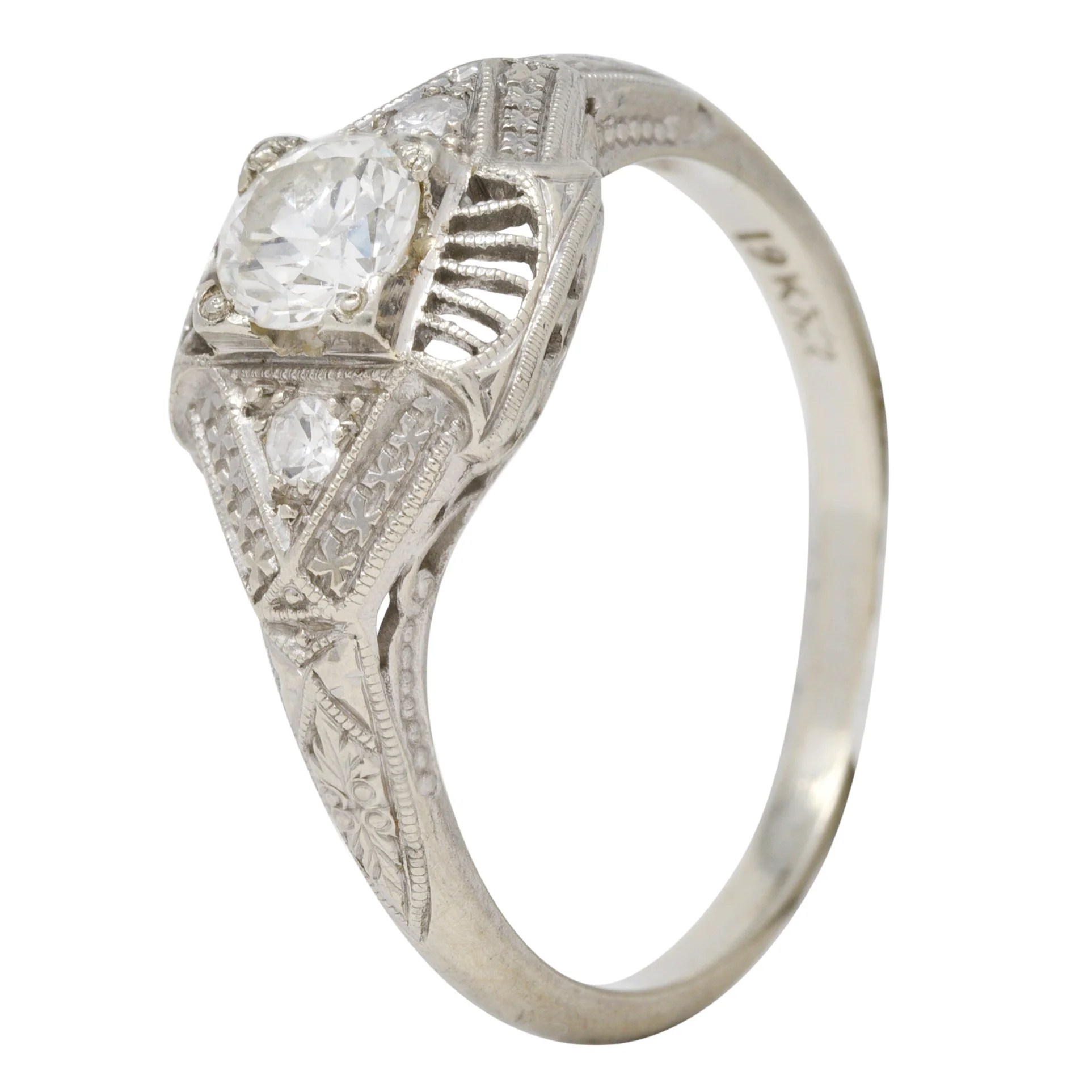 Art Deco Diamond 19 Karat White Gold Orange Blossom Vintage Engagement Ring - Image 9