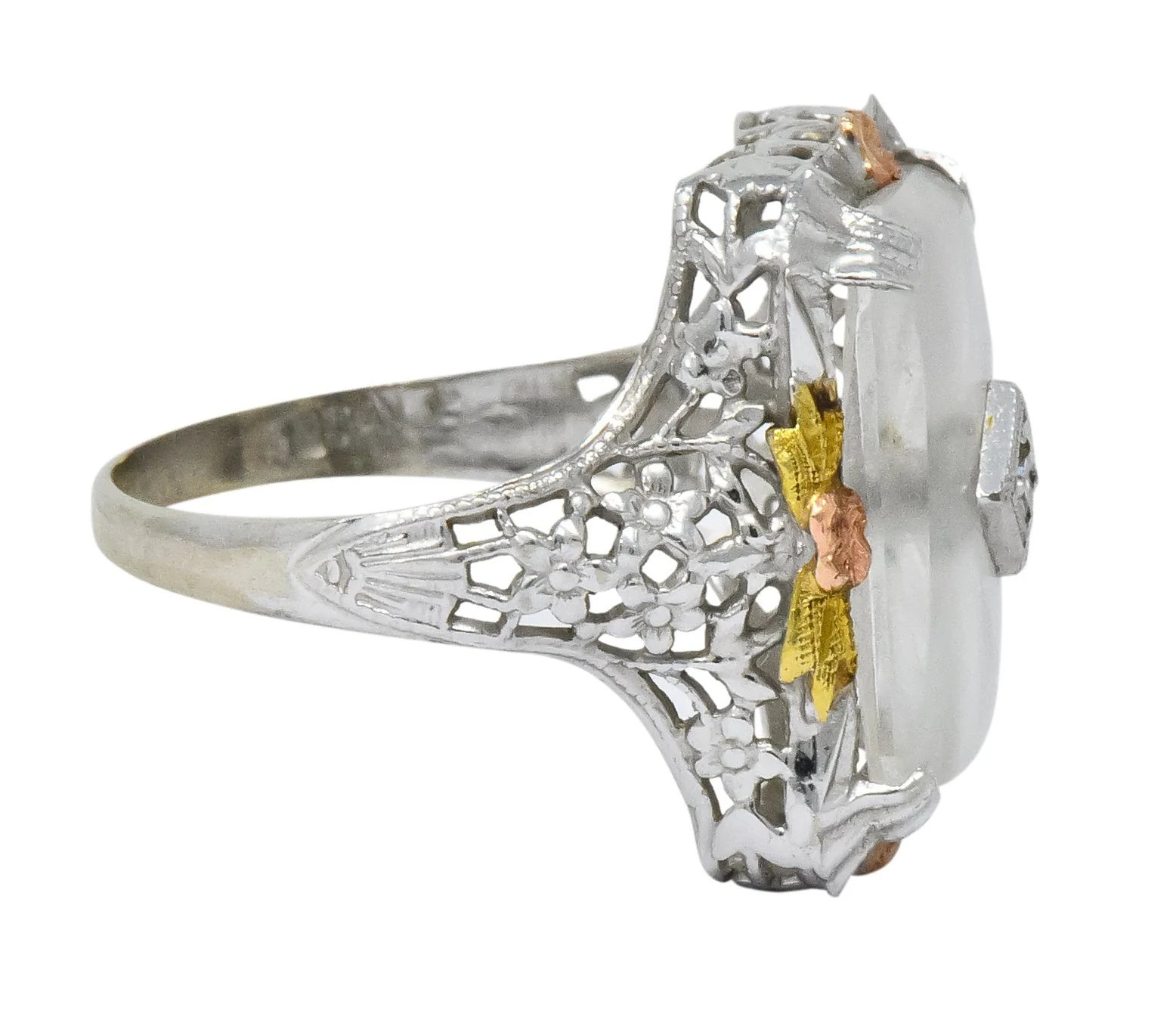 Art Deco Diamond Camphor Glass 14 Karat Tri-Color Gold Dinner Ring - Image 3