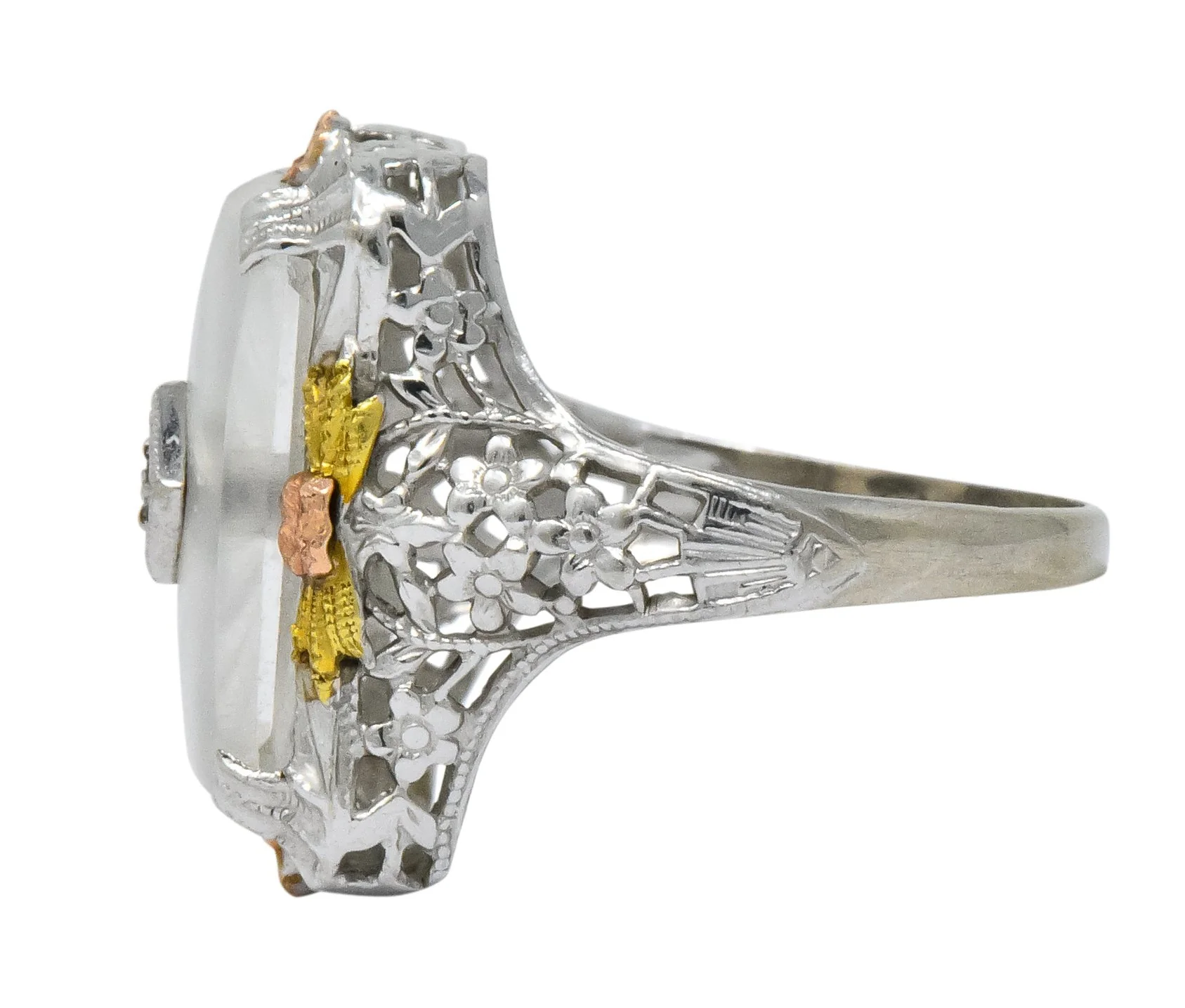 Art Deco Diamond Camphor Glass 14 Karat Tri-Color Gold Dinner Ring - Image 4