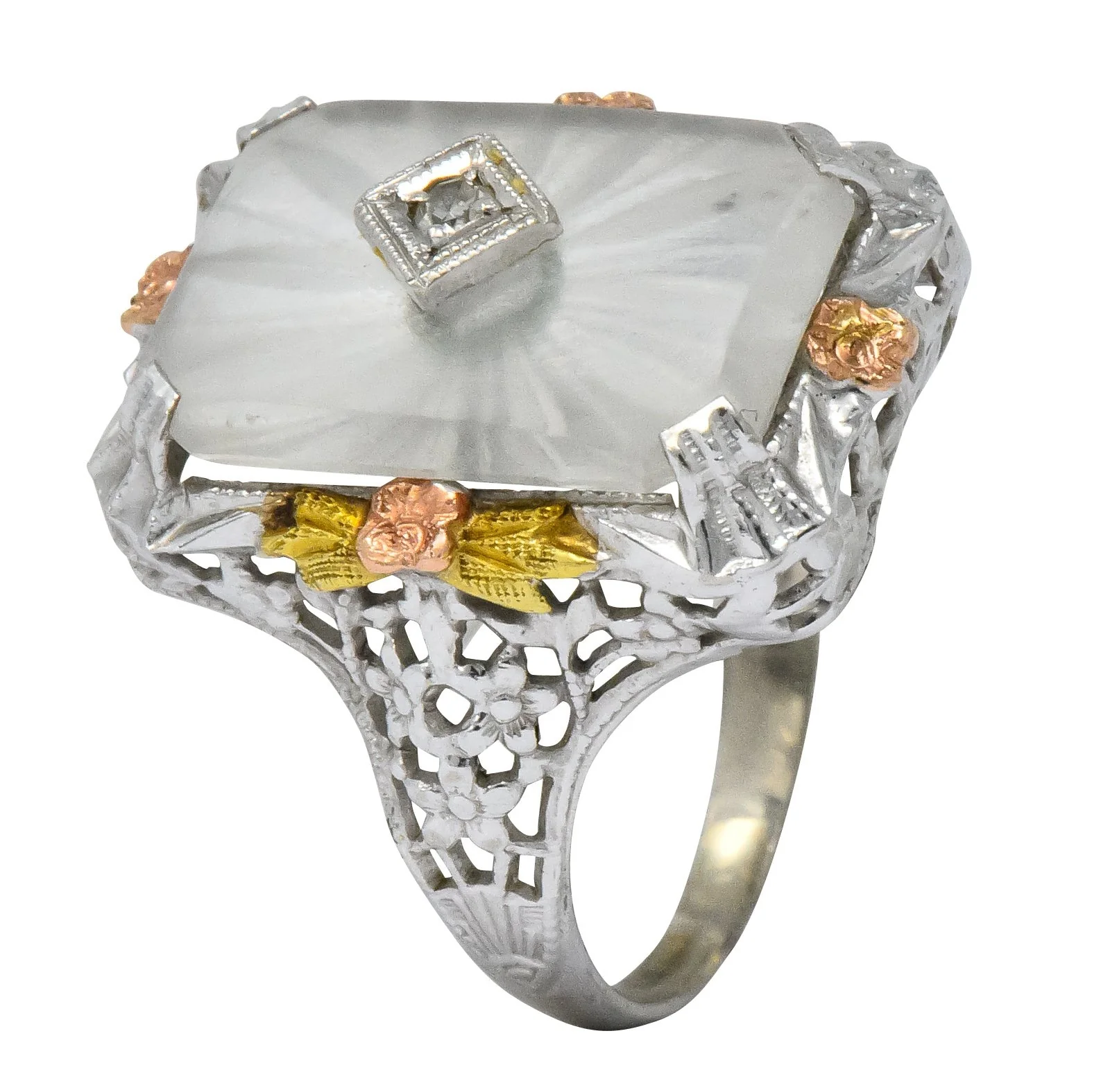 Art Deco Diamond Camphor Glass 14 Karat Tri-Color Gold Dinner Ring - Image 7