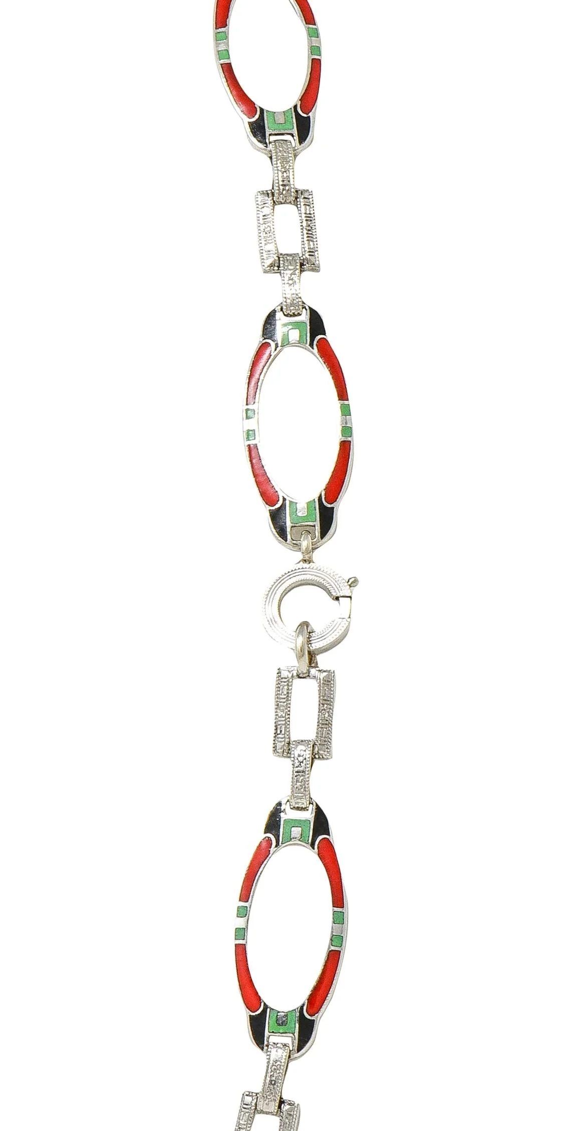 Art Deco Diamond Camphor Glass Enamel 14 Karat White Gold Antique Pendant Sartuoir Necklace - Image 7