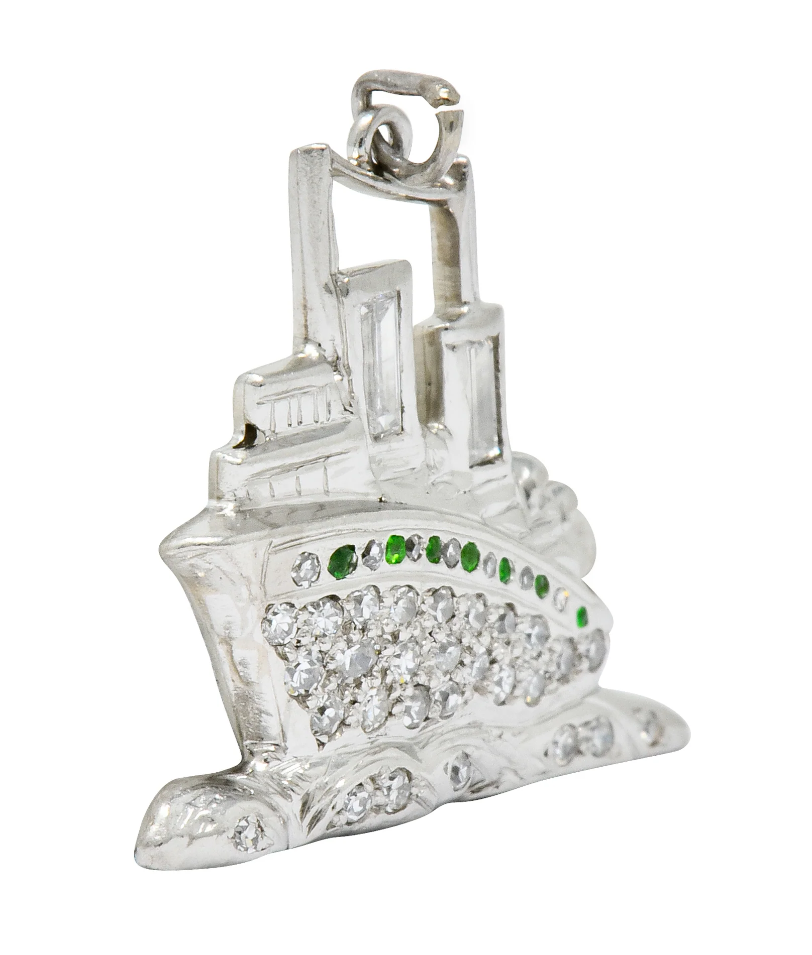Art Deco Diamond Demantoid Garnet Platinum Queen Mary Ocean Liner Ship Charm - Image 3