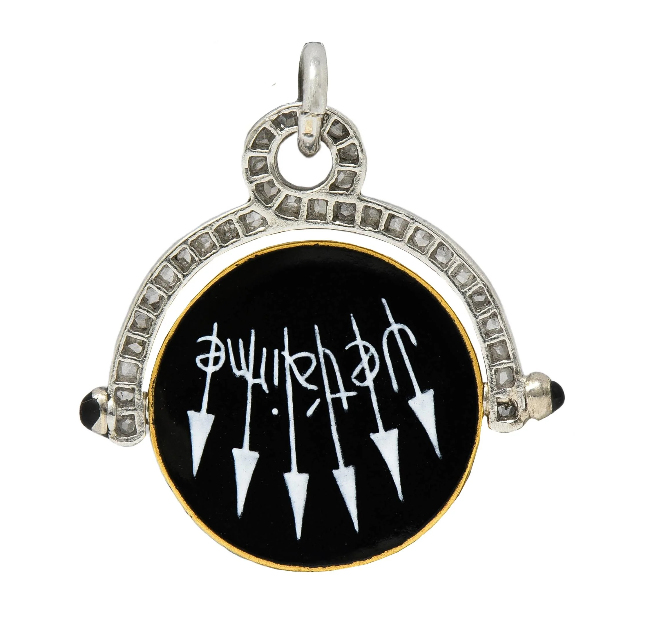 Art Deco Diamond Enamel Onyx Platinum 18 Karat Gold Vintage Spinning Je T'Aime I Love You Flip Pendant - Image 5