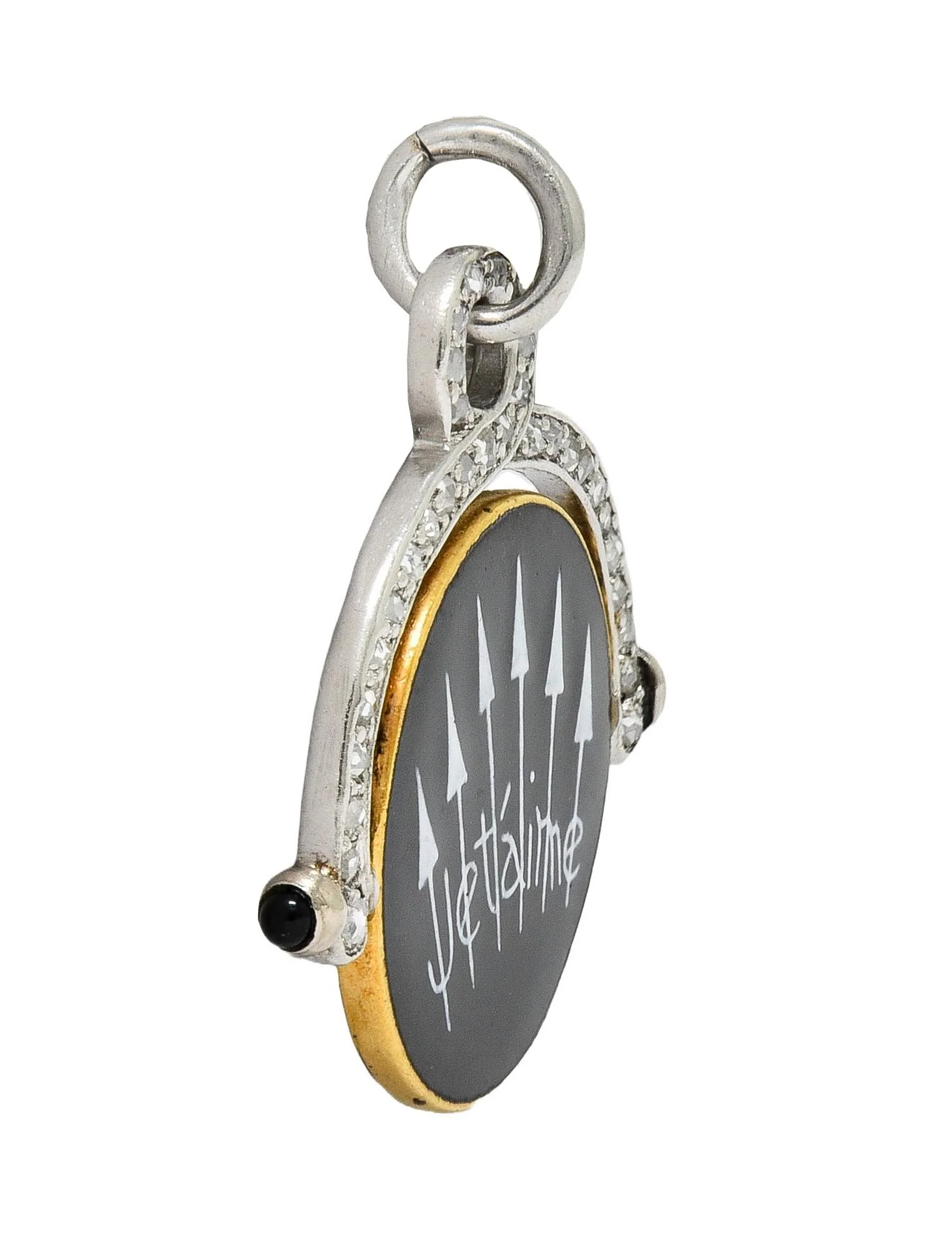 Art Deco Diamond Enamel Onyx Platinum 18 Karat Gold Vintage Spinning Je T'Aime I Love You Flip Pendant - Image 6