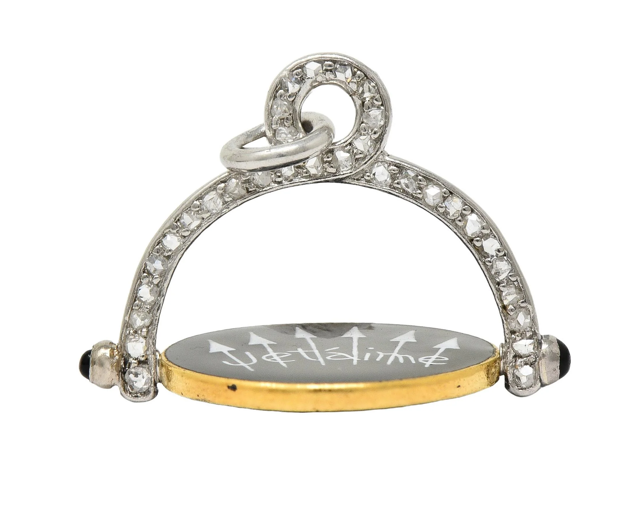 Art Deco Diamond Enamel Onyx Platinum 18 Karat Gold Vintage Spinning Je T'Aime I Love You Flip Pendant - Image 7