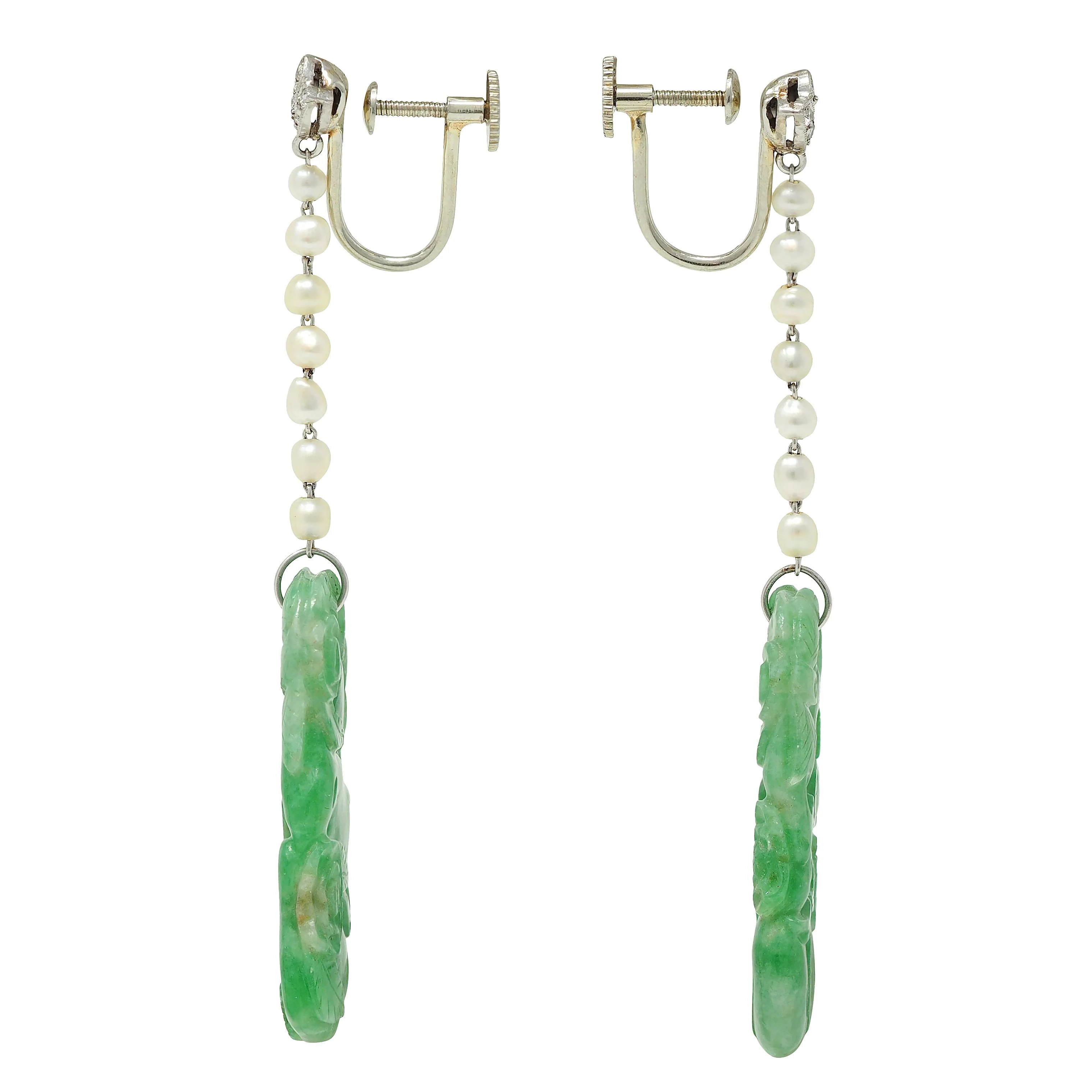 Art Deco Diamond Jade Pearl Platinum Vintage Floral Screw-Back Earrings - Image 3