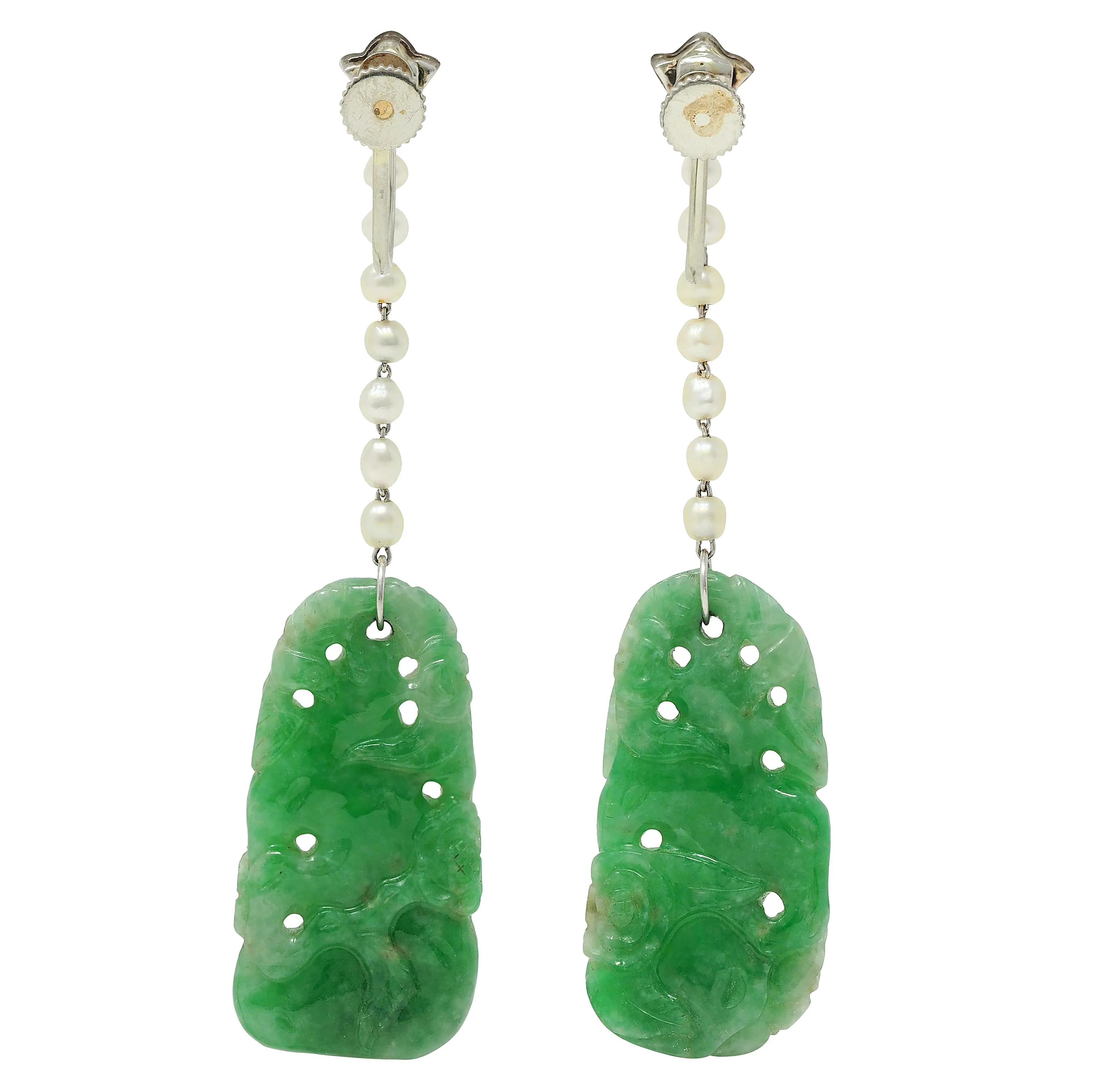 Art Deco Diamond Jade Pearl Platinum Vintage Floral Screw-Back Earrings - Image 4