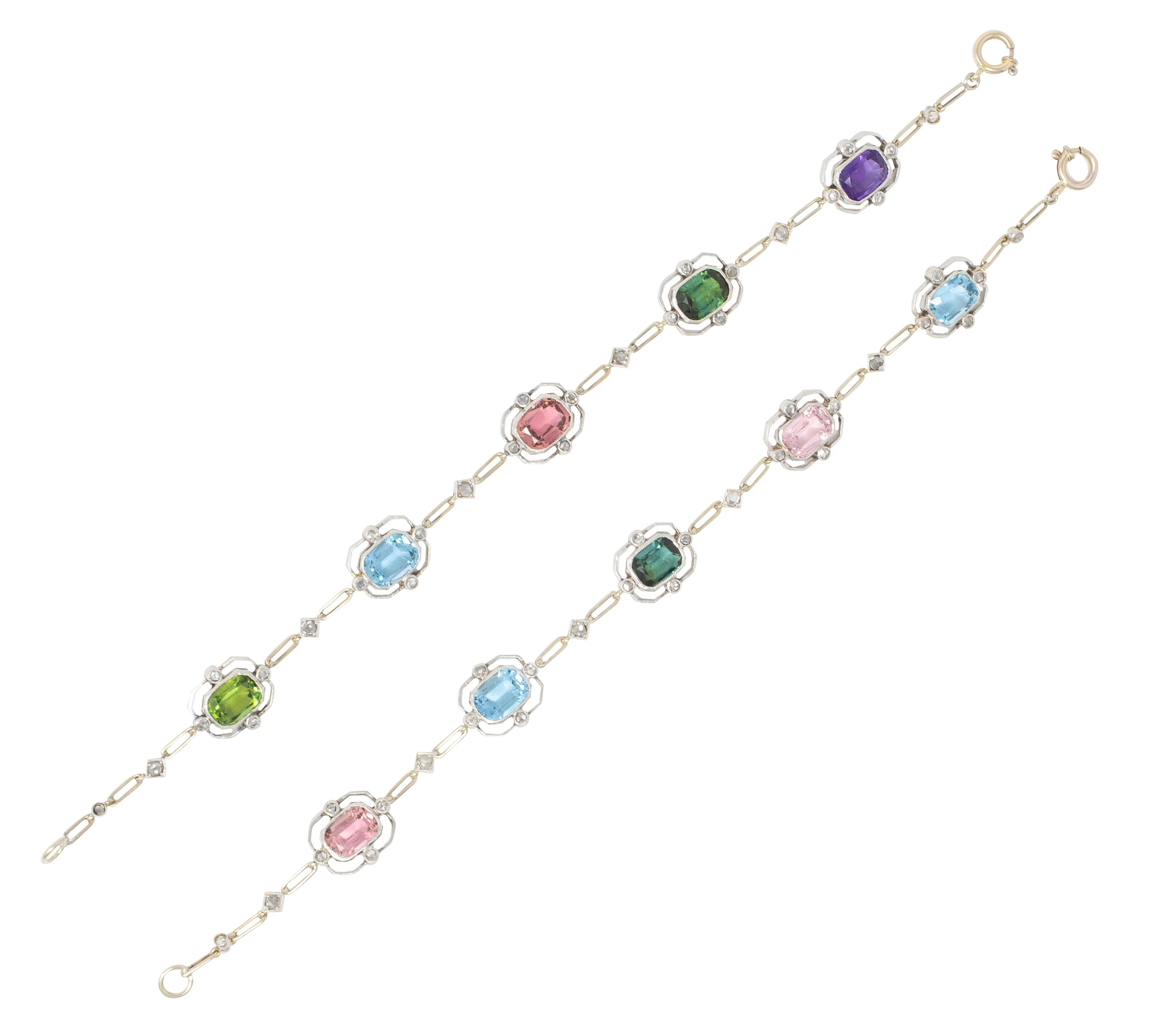 Art Deco Diamond Multi-Gem Platinum 18 Karat Gold Antique Quatrefoil Link Bracelet Set - Image 3