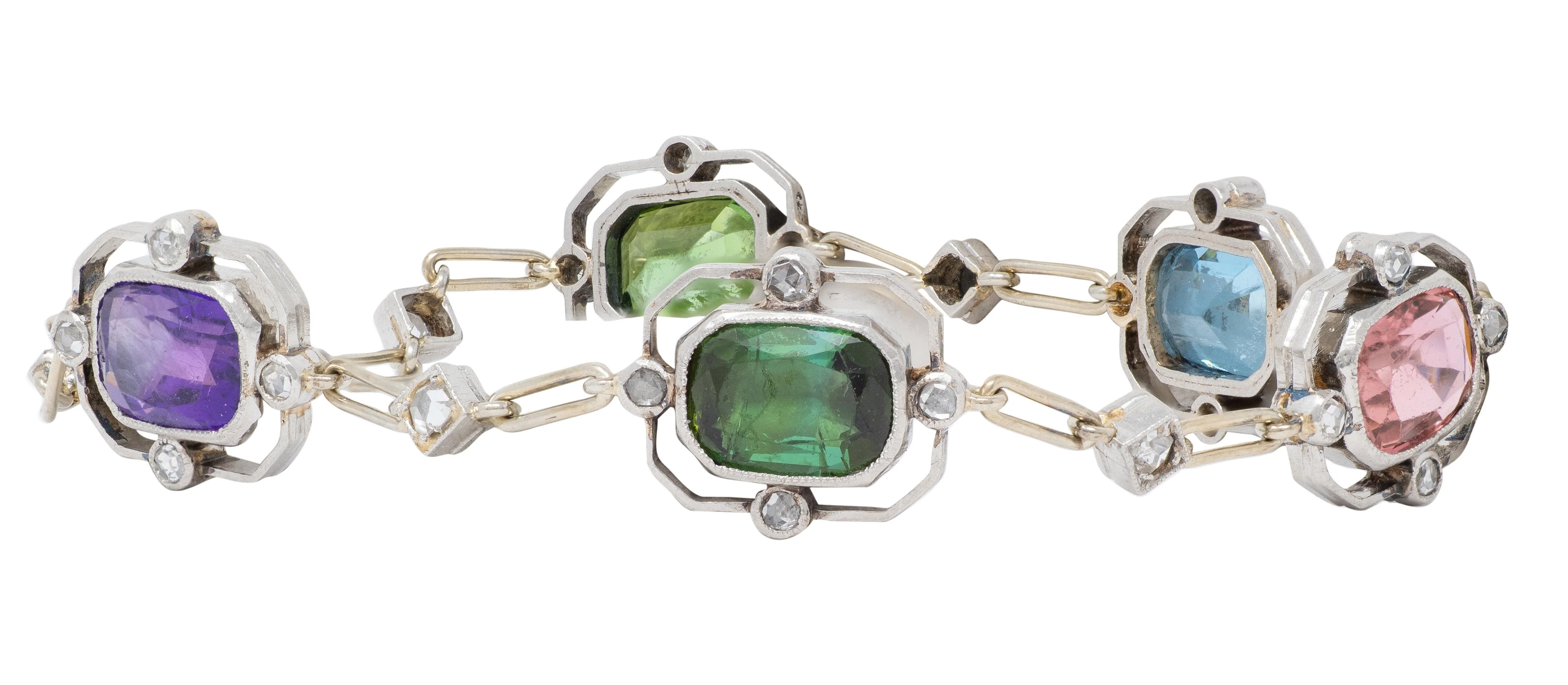 Art Deco Diamond Multi-Gem Platinum 18 Karat Gold Antique Quatrefoil Link Bracelet Set - Image 4