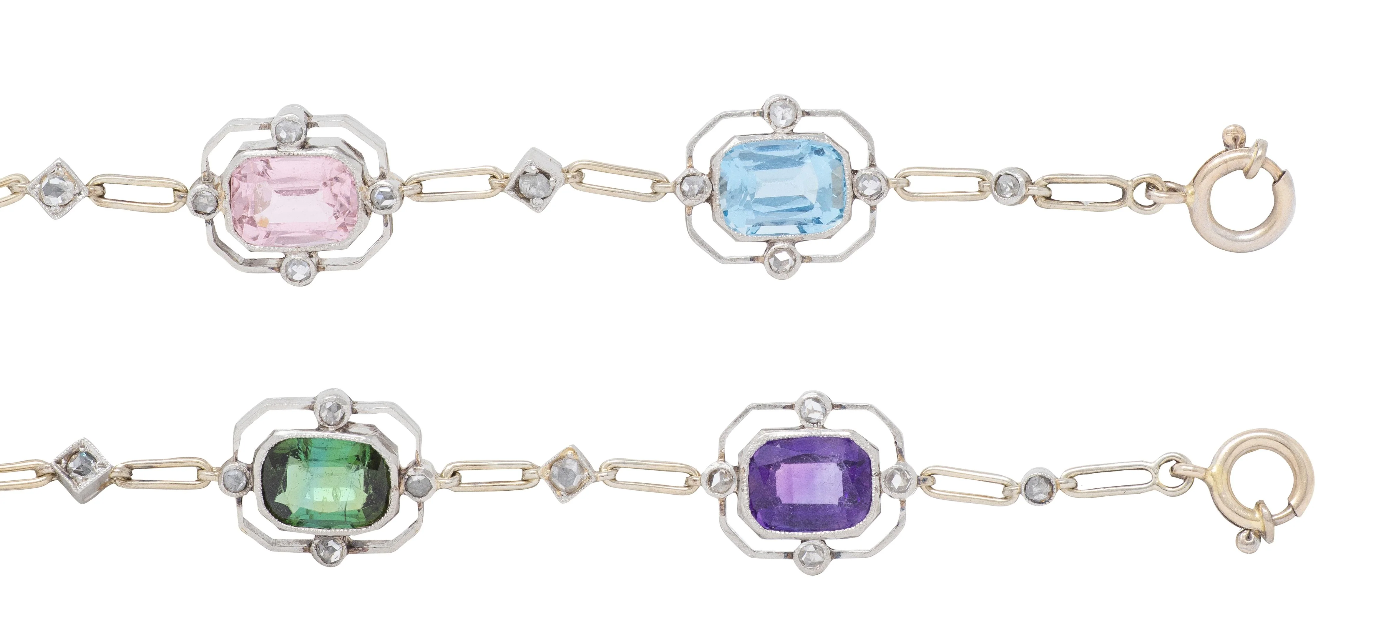 Art Deco Diamond Multi-Gem Platinum 18 Karat Gold Antique Quatrefoil Link Bracelet Set - Image 7
