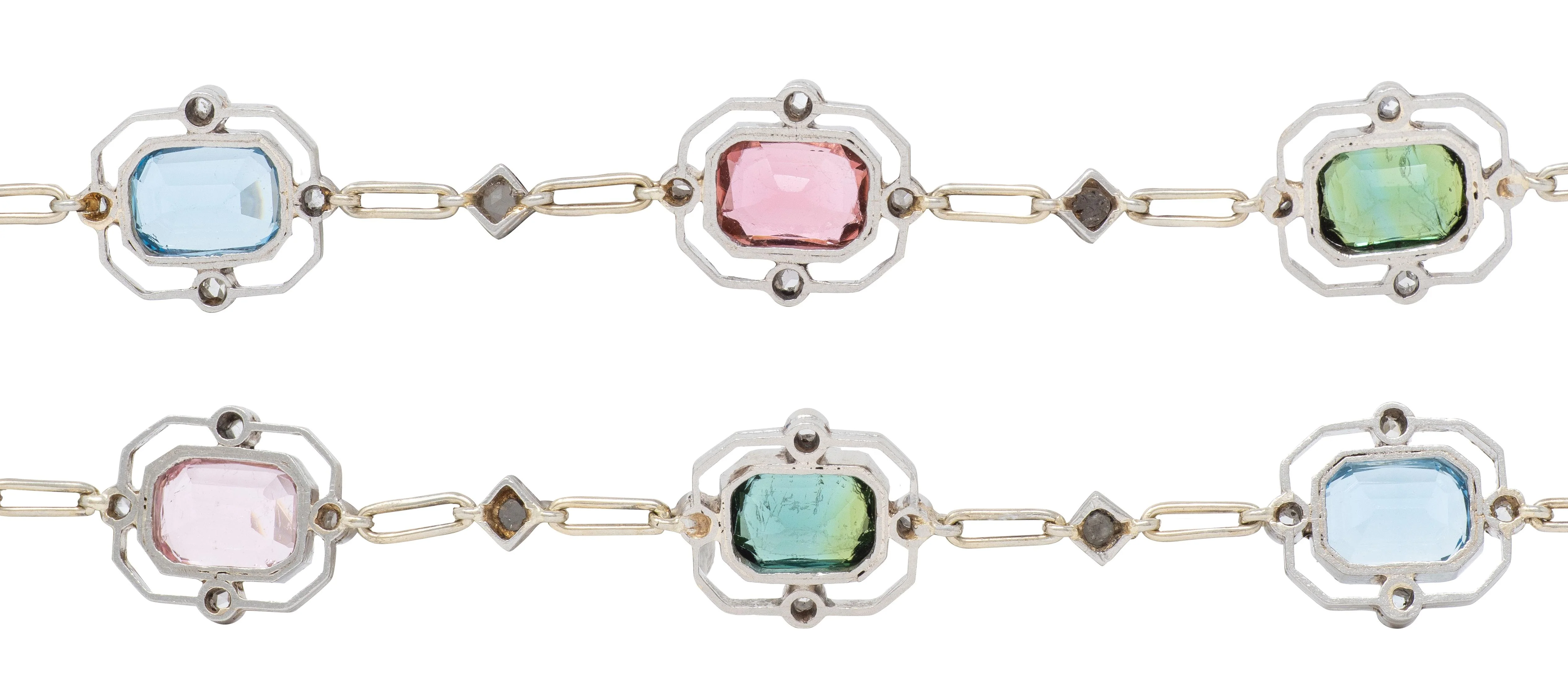 Art Deco Diamond Multi-Gem Platinum 18 Karat Gold Antique Quatrefoil Link Bracelet Set - Image 9