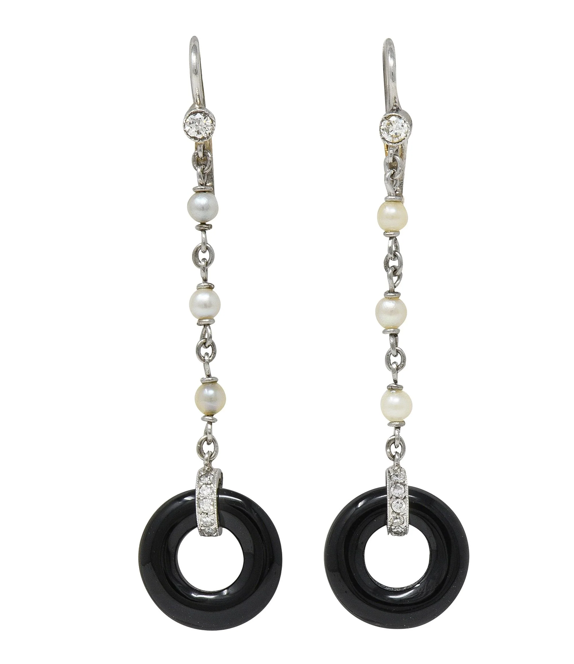 Art Deco Diamond Onyx Pearl Platinum 18 Karat Gold Antique Drop Earrings