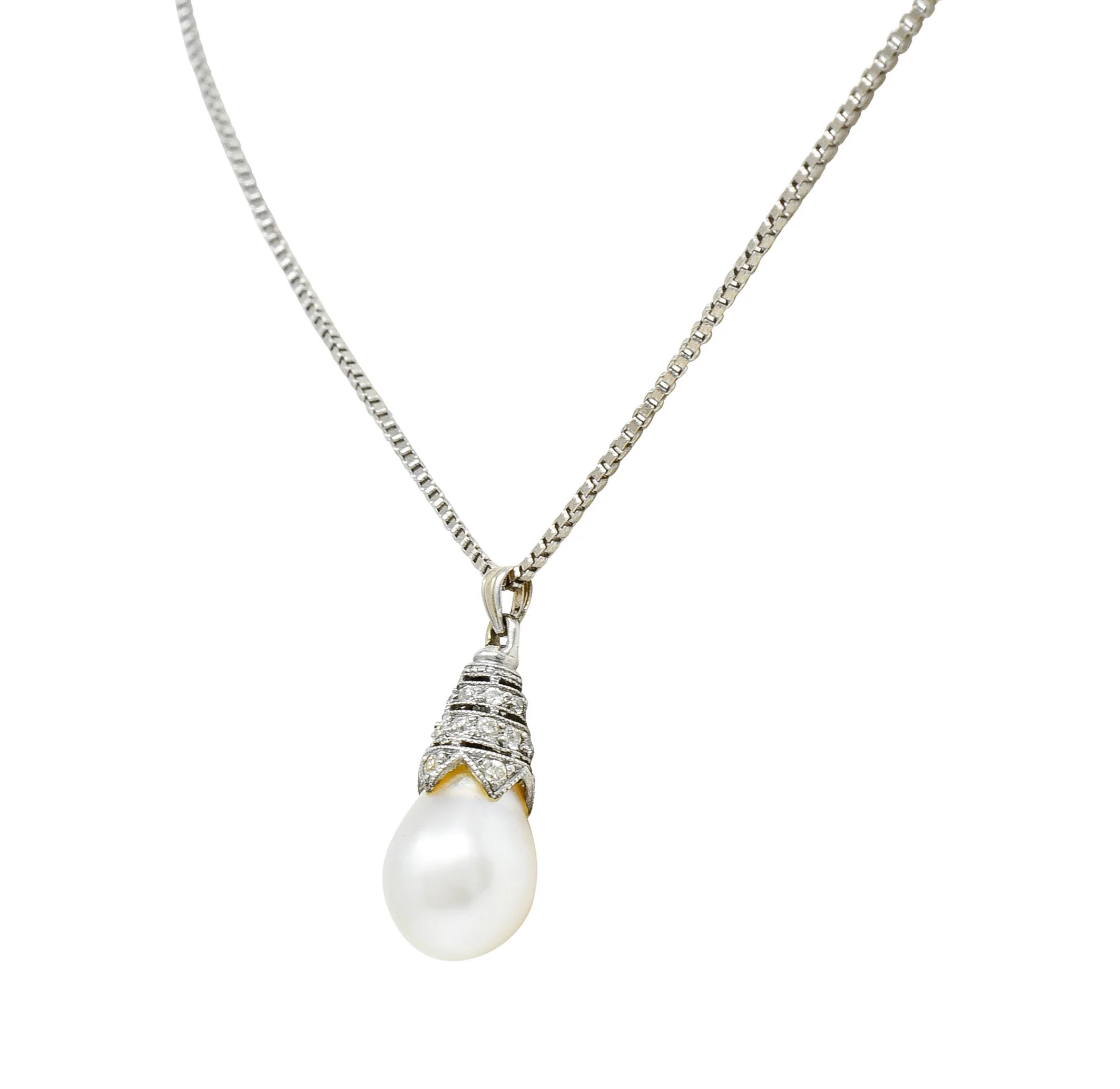 Art Deco Diamond Pearl 14 Karat White Gold Drop Necklace - Image 5
