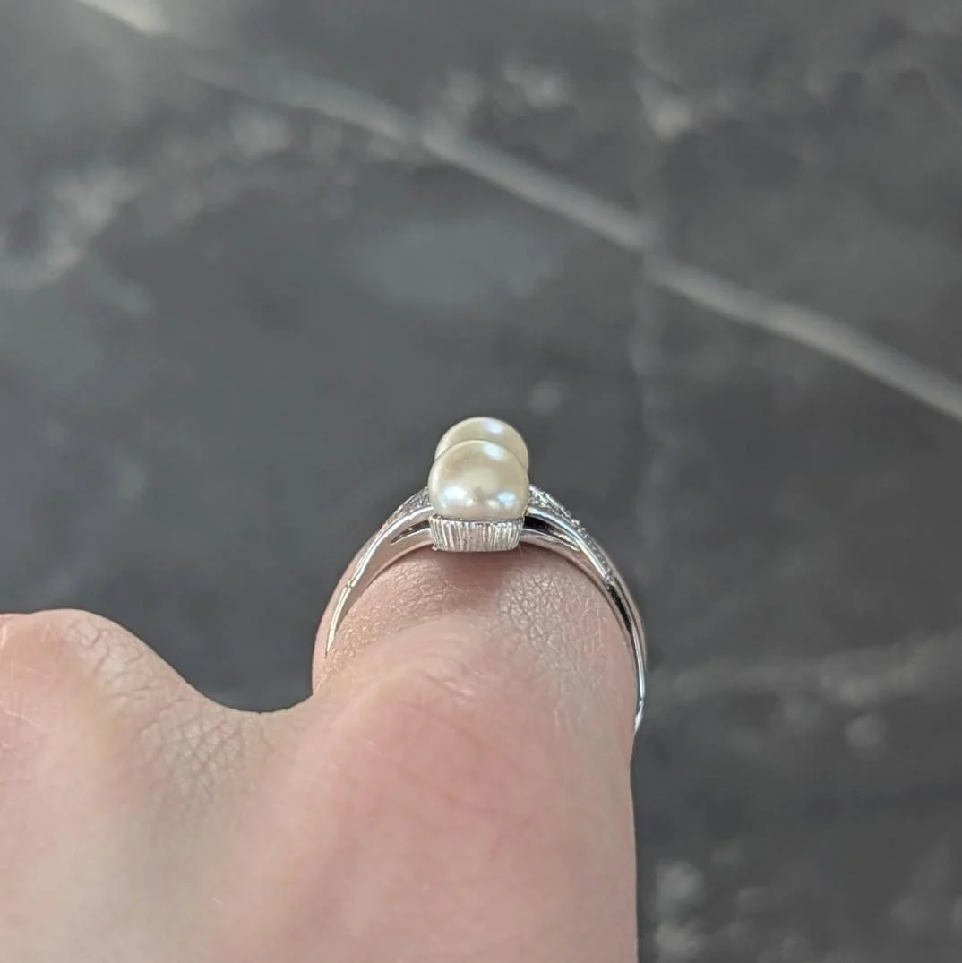 Art Deco Diamond Pearl 14 Karat White Gold Vintage Foliate Navette Dinner Ring - Image 10