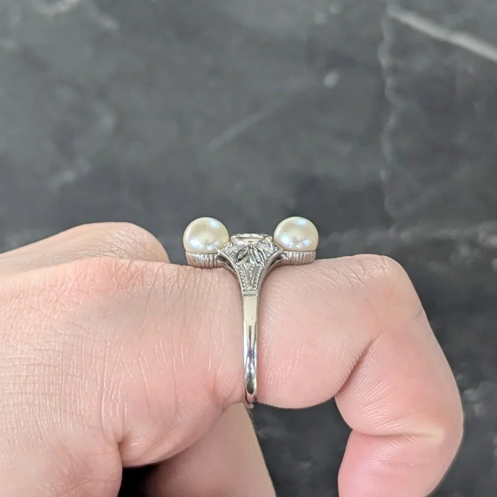 Art Deco Diamond Pearl 14 Karat White Gold Vintage Foliate Navette Dinner Ring - Image 11