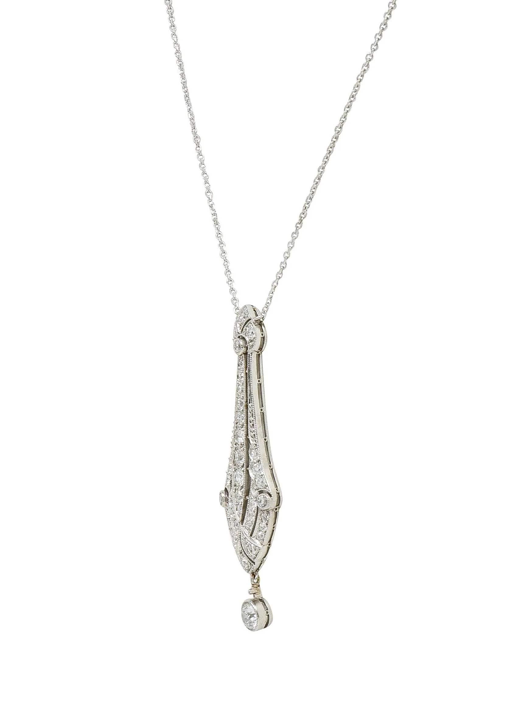 Art Deco Diamond Platinum 14 Karat Gold Pendant Vintage Drop Necklace - Image 3