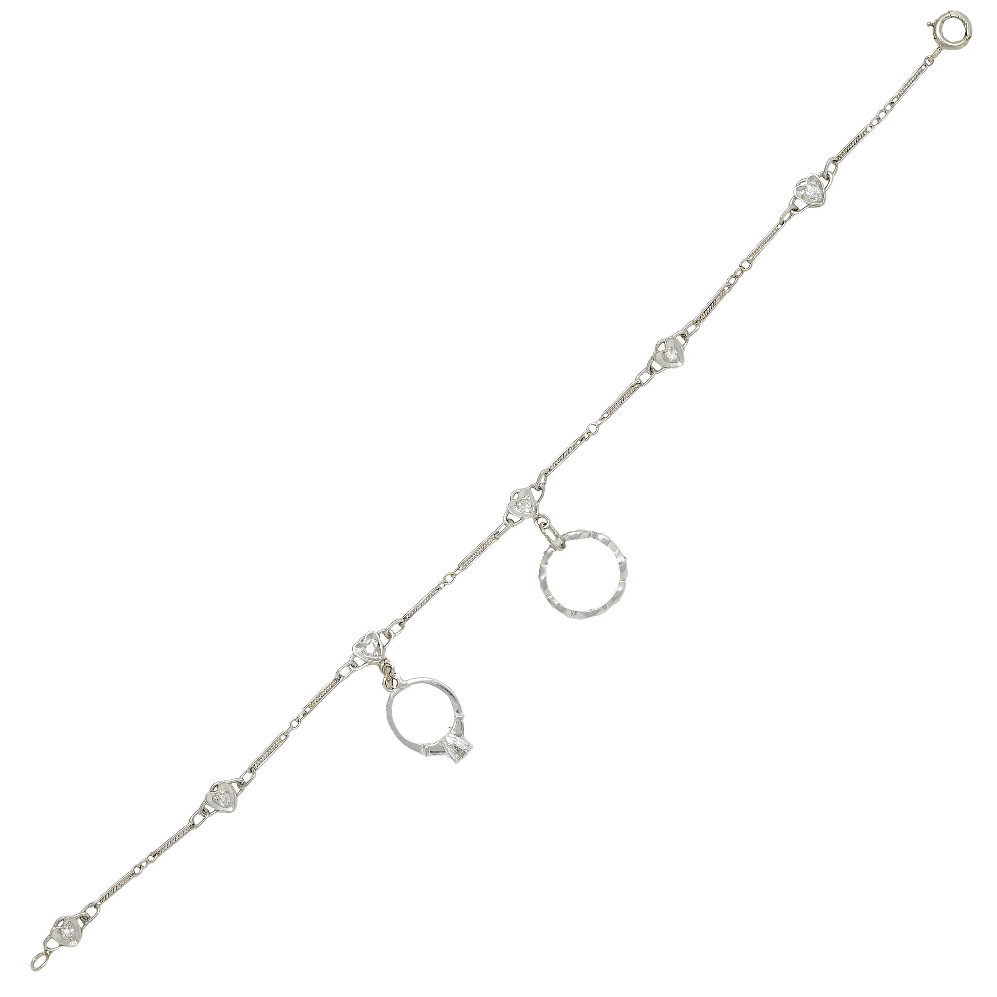 Art Deco Diamond Platinum 14 Karat White Gold Vintage Heart Wedding Engagement Charm Bracelet