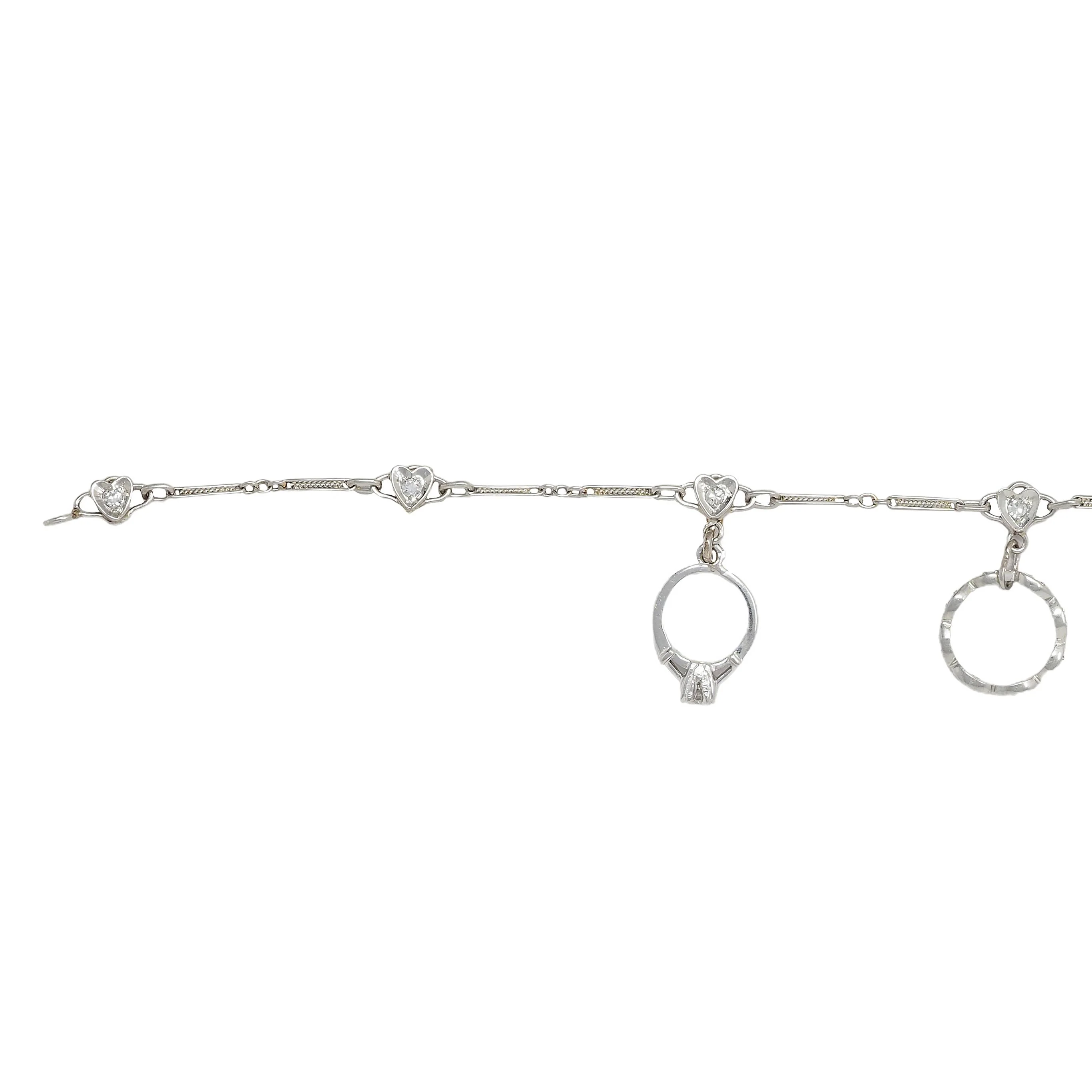 Art Deco Diamond Platinum 14 Karat White Gold Vintage Heart Wedding Engagement Charm Bracelet - Image 2