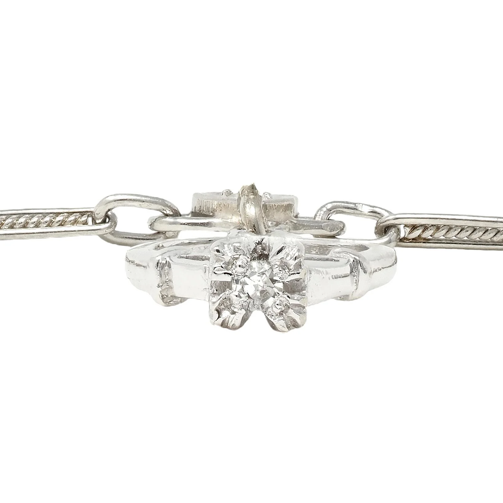 Art Deco Diamond Platinum 14 Karat White Gold Vintage Heart Wedding Engagement Charm Bracelet - Image 6