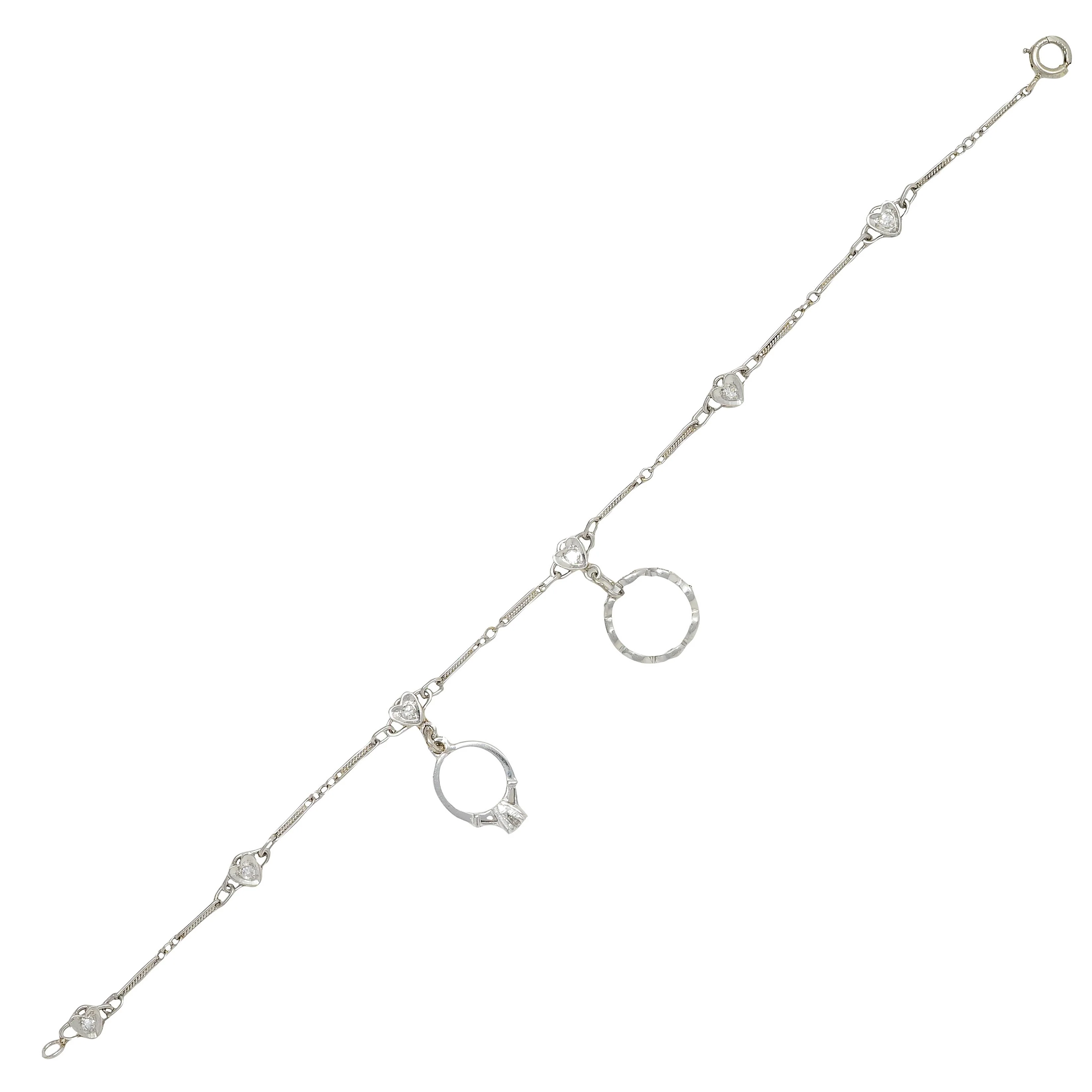 Art Deco Diamond Platinum 14 Karat White Gold Vintage Heart Wedding Engagement Charm Bracelet - Image 7