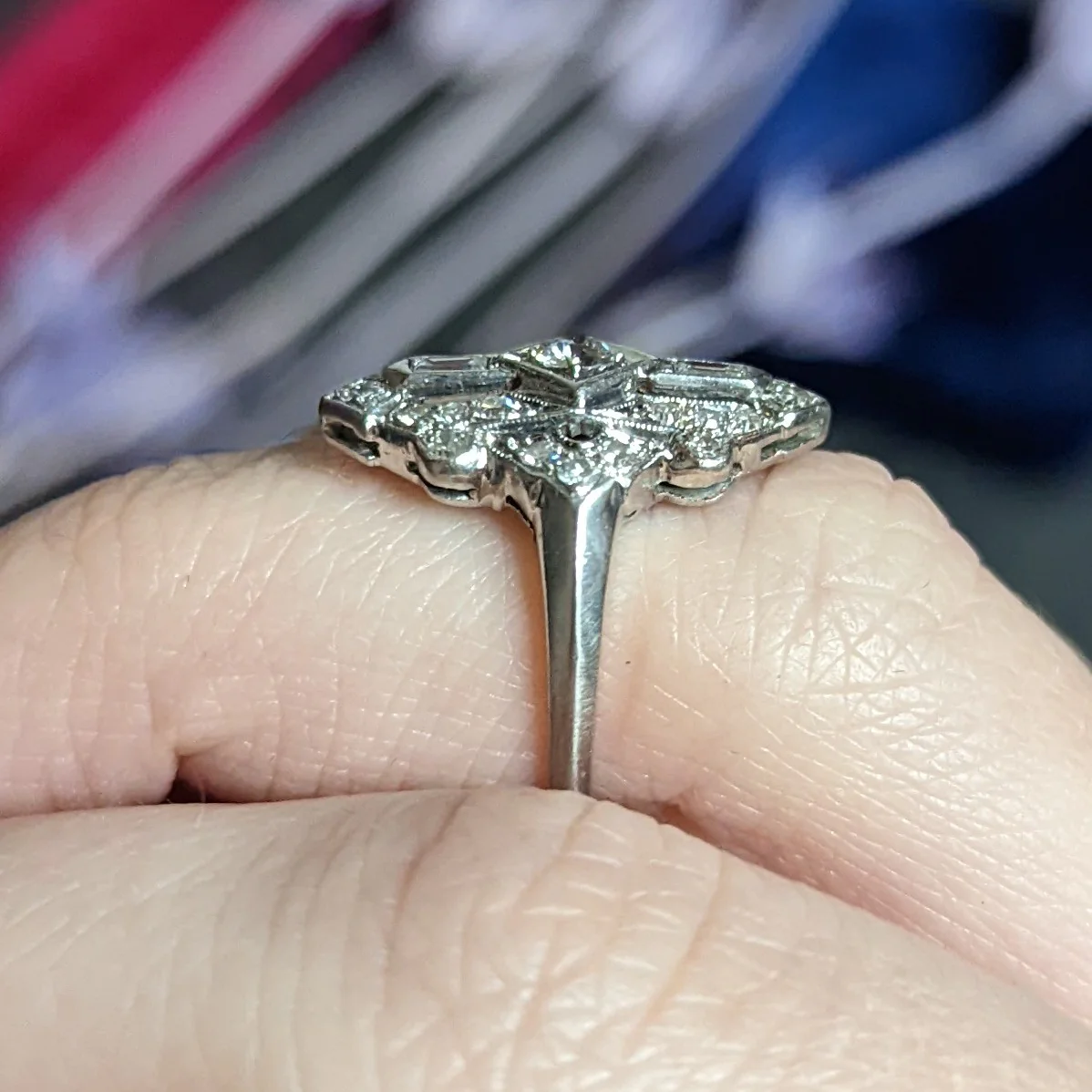 Art Deco Diamond Platinum Geometric Dinner Ring - Image 11