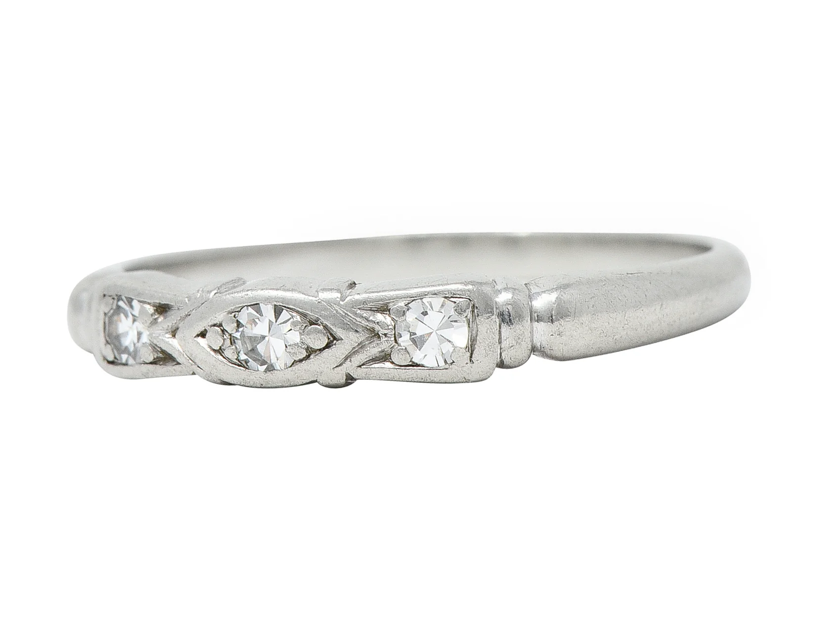 Art Deco Diamond Platinum Navette Three Stone Band Ring - Image 6