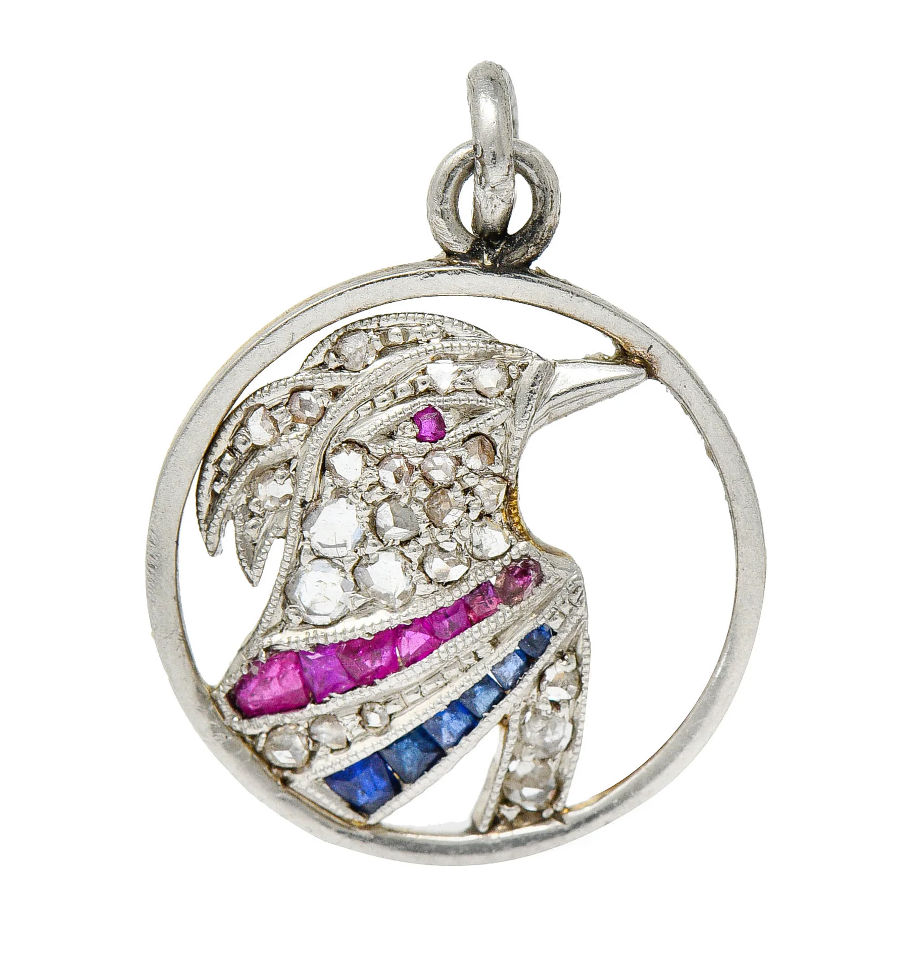 Art Deco Diamond Ruby Sapphire Platinum-topped 18 Karat Gold Heron Bird Charm