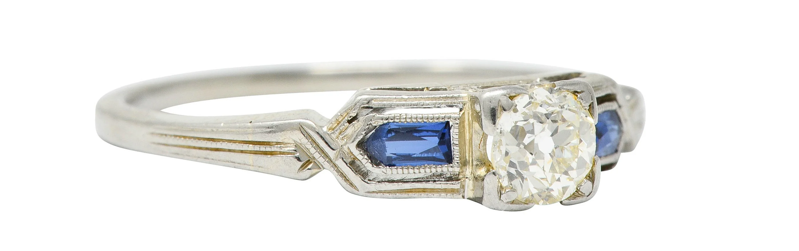 Art Deco Diamond Sapphire 18 Karat White Gold Engagement Ring - Image 2