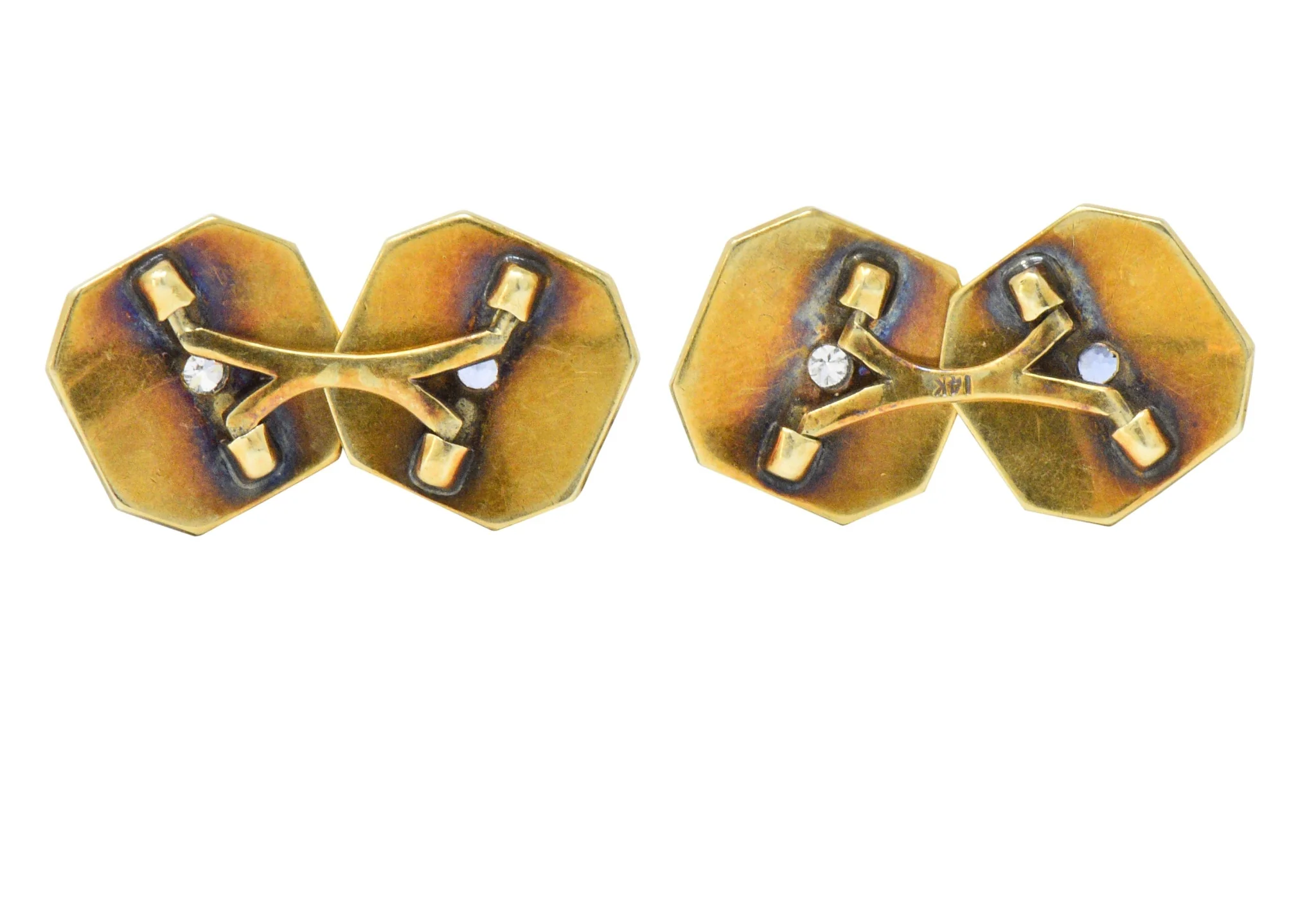Art Deco Diamond Sapphire Platinum-Topped 14 Karat Gold Octagonal Cufflinks - Image 2