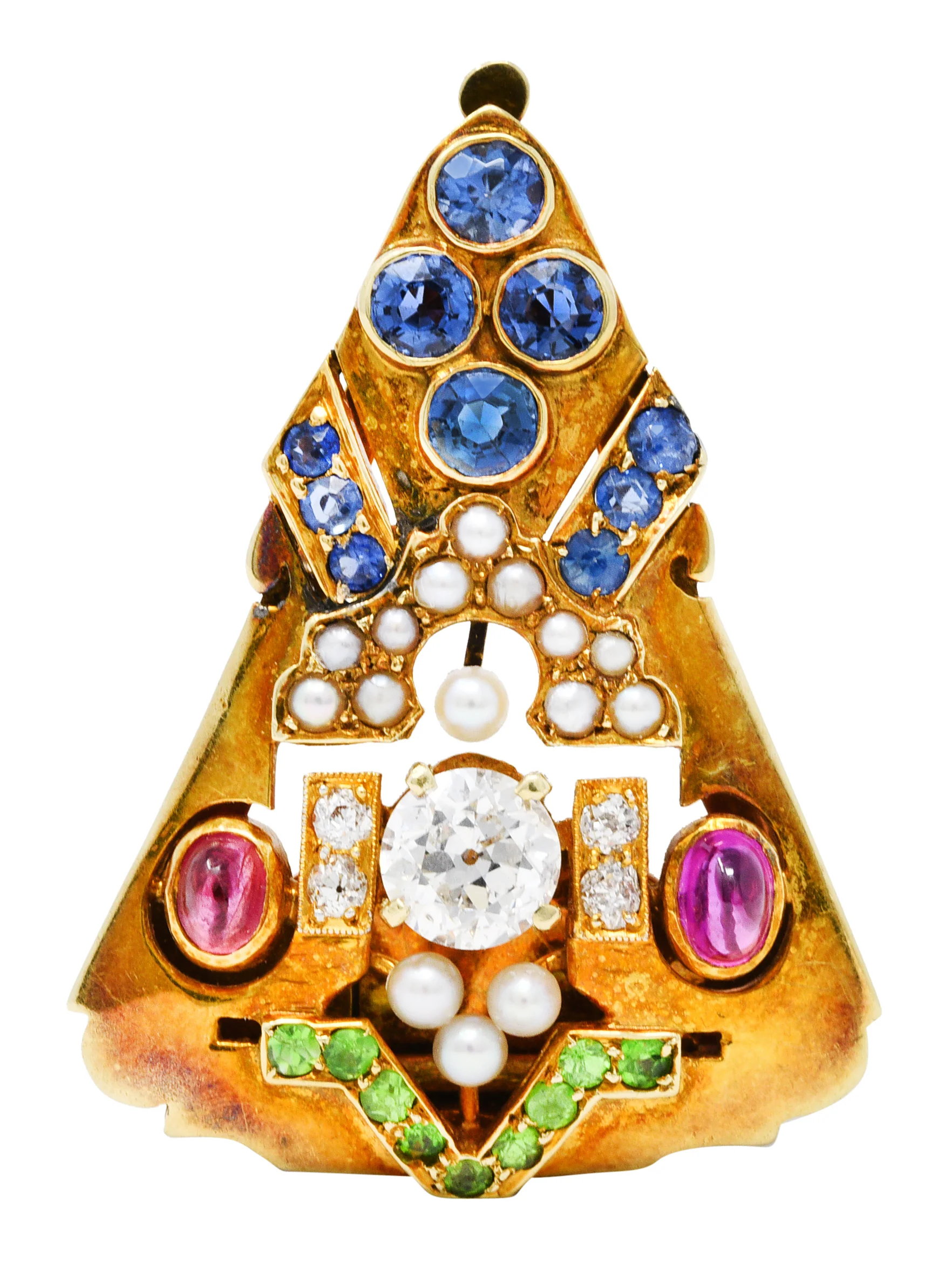 Art Deco Diamond Sapphire Ruby Pearl 14 Karat Gold Brooch Clip