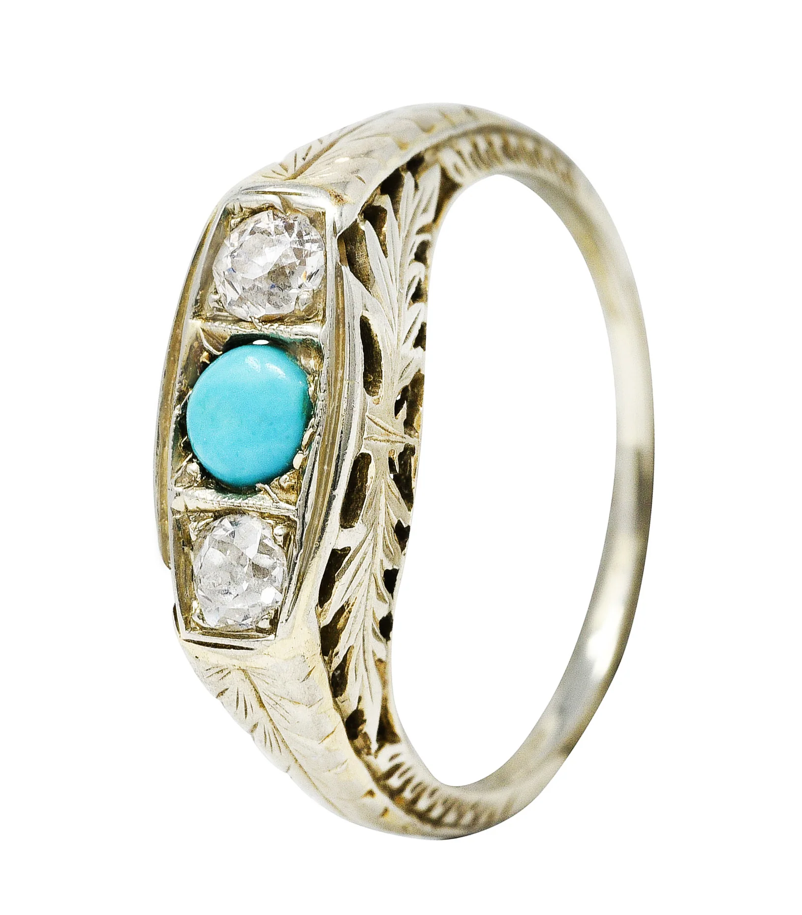 Art Deco Diamond Turquoise 14 Karat White Gold Three Stone Ring - Image 8